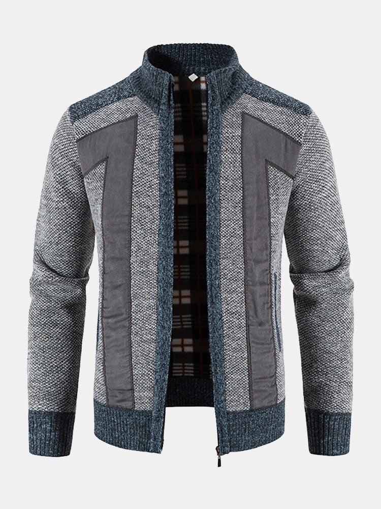 Reißverschluss-Faux-Suede-Patchwork-Pullover - Image 5