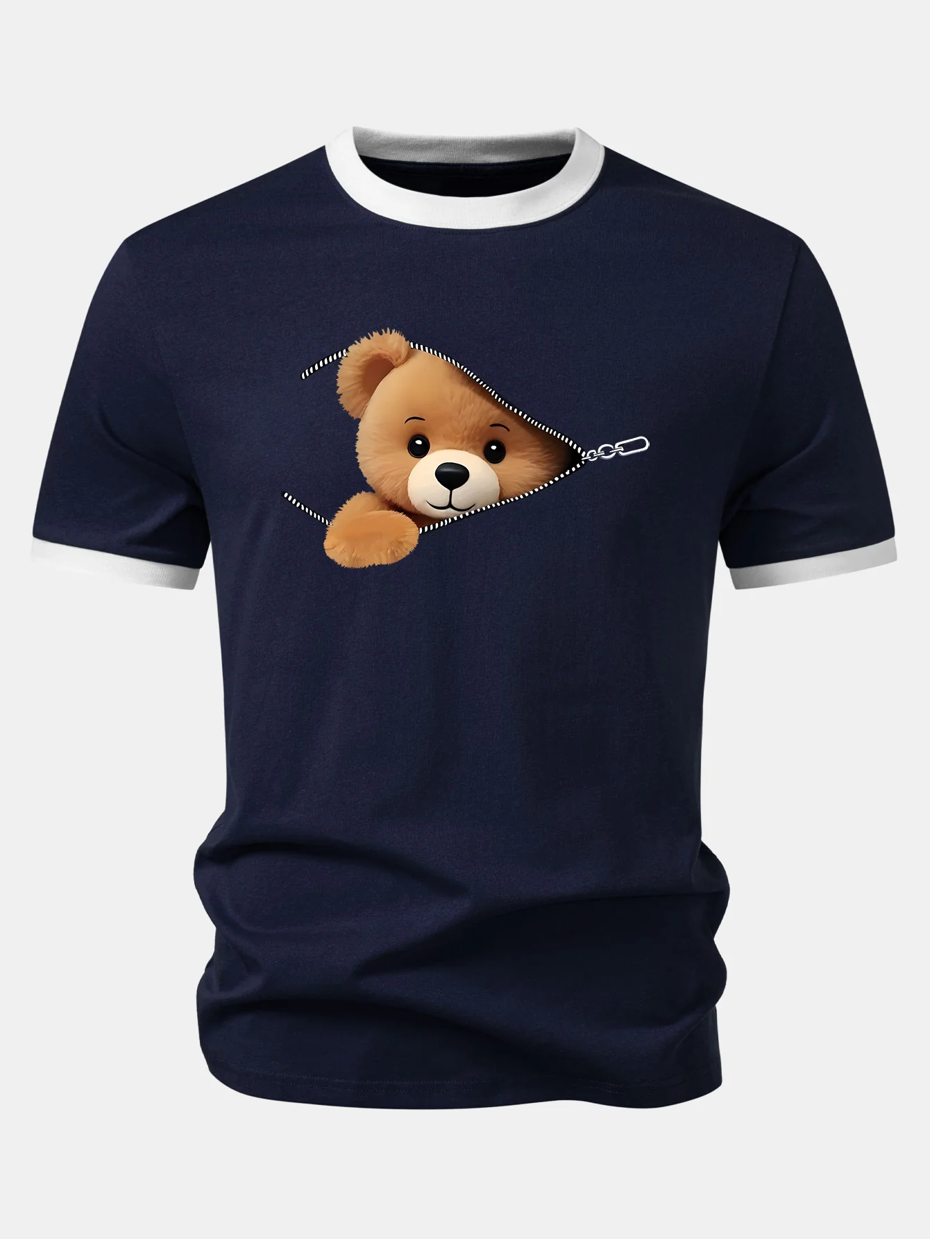 Zipper Bear Print Contrast Ringer T-Shirt - Image 2