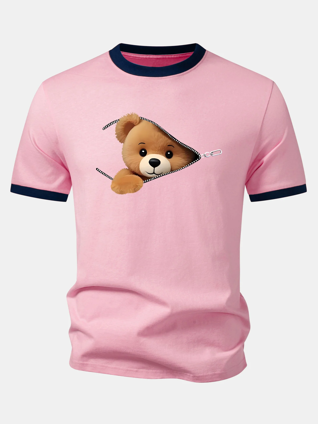 Zipper Bear Print Contrast Ringer T-Shirt - Image 3