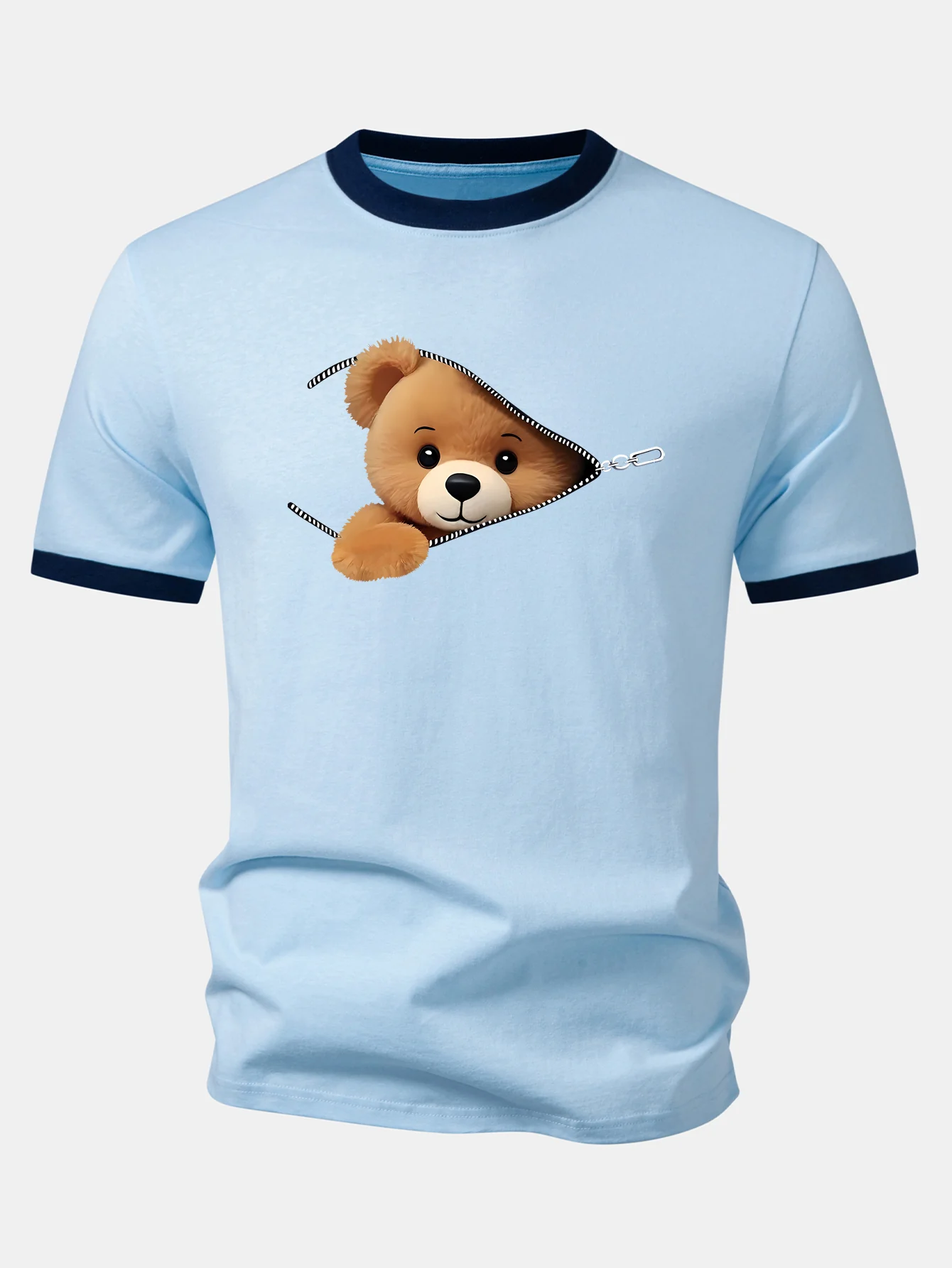 Zipper Bear Print Contrast Ringer T-Shirt - Image 4