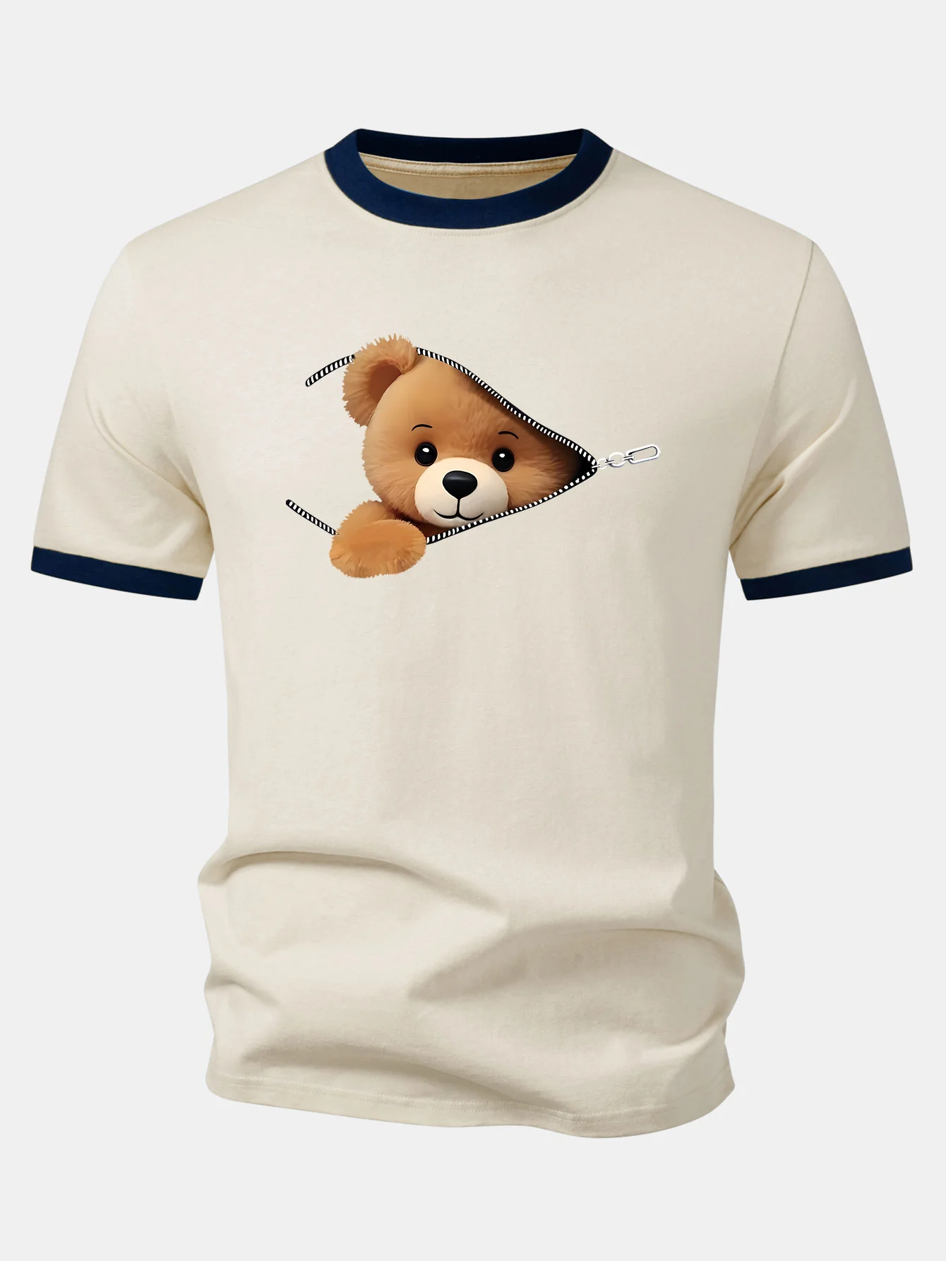 Zipper Bear Print Contrast Ringer T-Shirt - Image 5