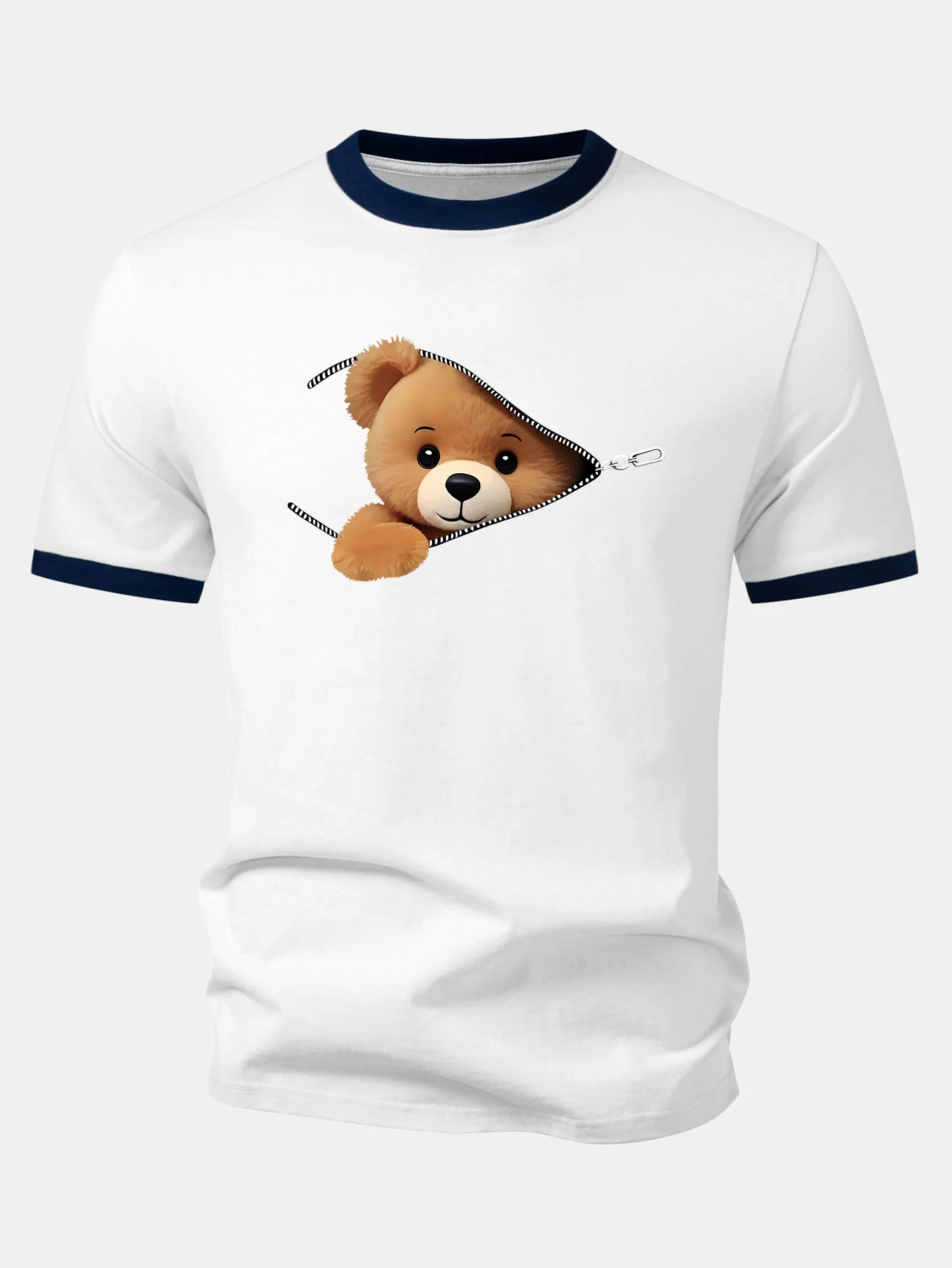 Zipper Bear Print Contrast Ringer T-Shirt - Image 6