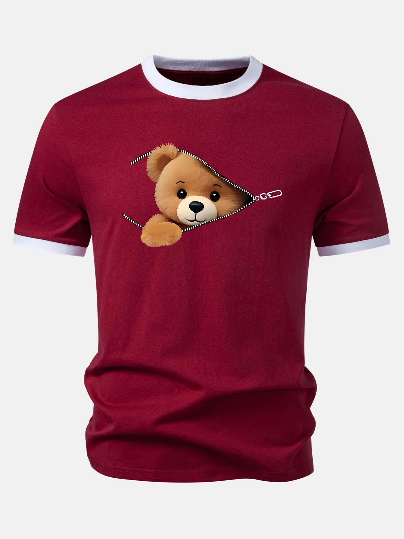 Zipper Bear Print Contrast Ringer T-Shirt - Image 7