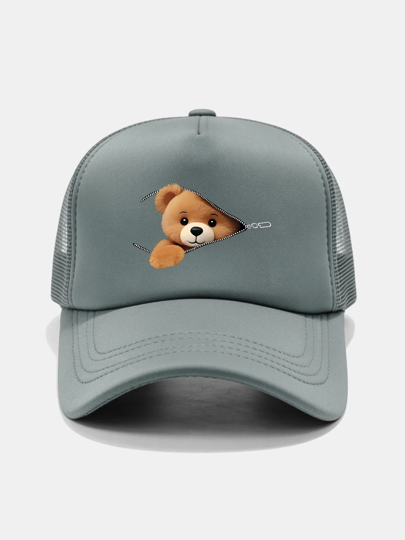Zipper Bear Print Mesh Baseball Cap - Image 5