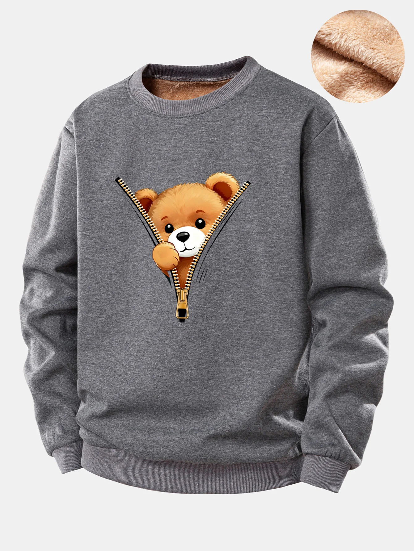 Zipper Bear Print Teddy Fleece Lined Sweatshirt - Image 2