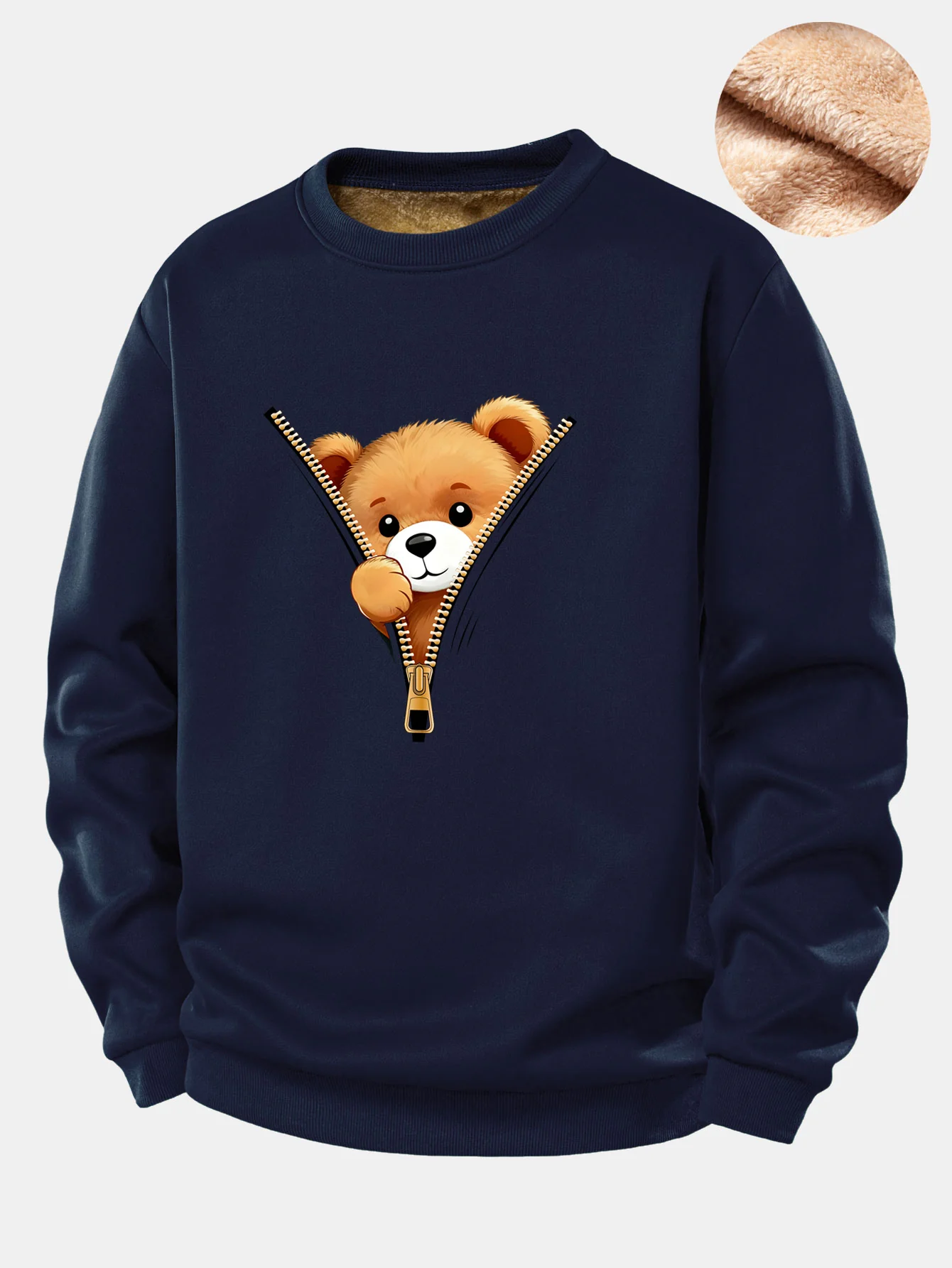 Zipper Bear Print Teddy Fleece Lined Sweatshirt - Image 3