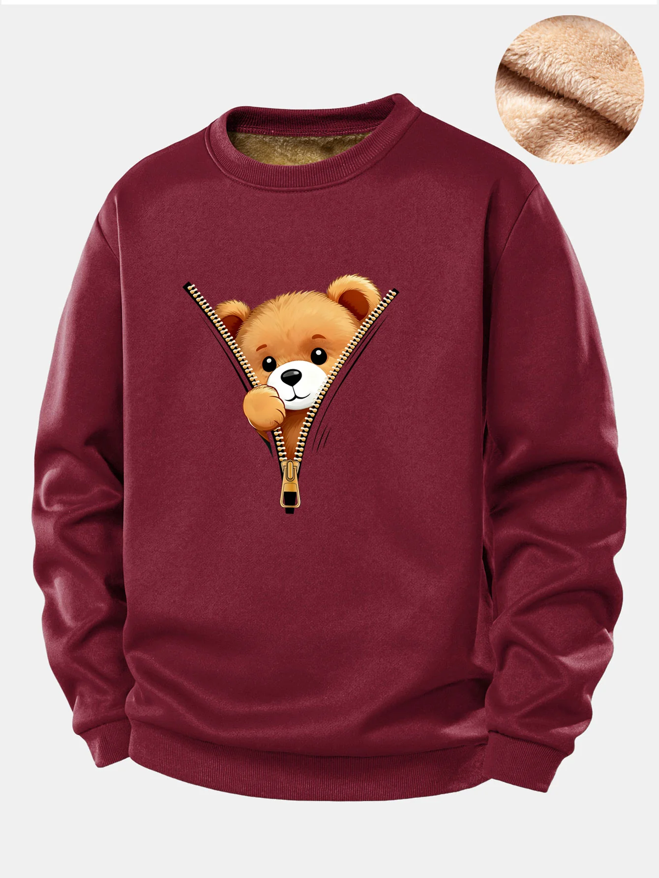 Zipper Bear Print Teddy Fleece Lined Sweatshirt - Image 4