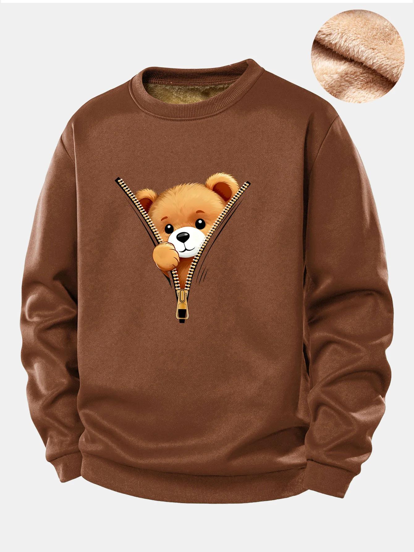 Zipper Bear Print Teddy Fleece Lined Sweatshirt - Image 5