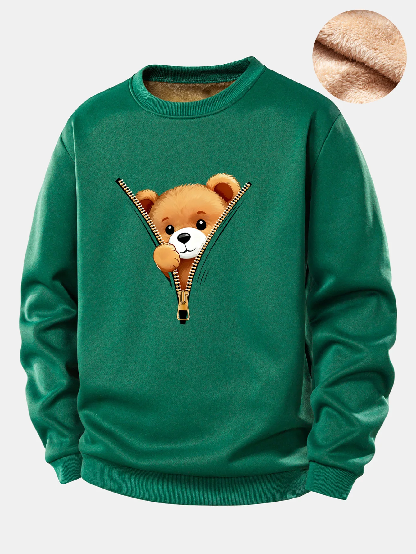 Zipper Bear Print Teddy Fleece Lined Sweatshirt - Image 6
