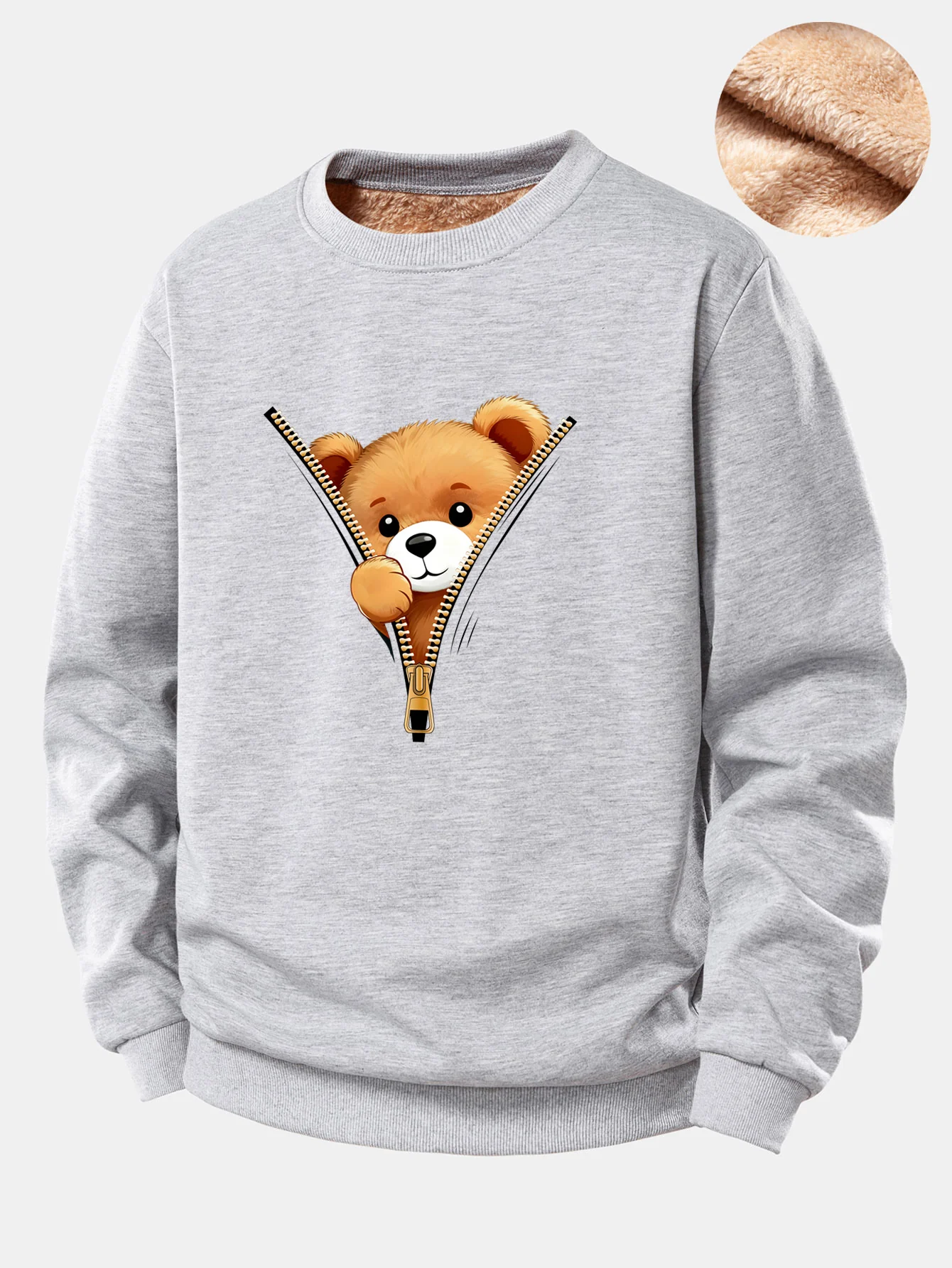 Zipper Bear Print Teddy Fleece Lined Sweatshirt - Image 7
