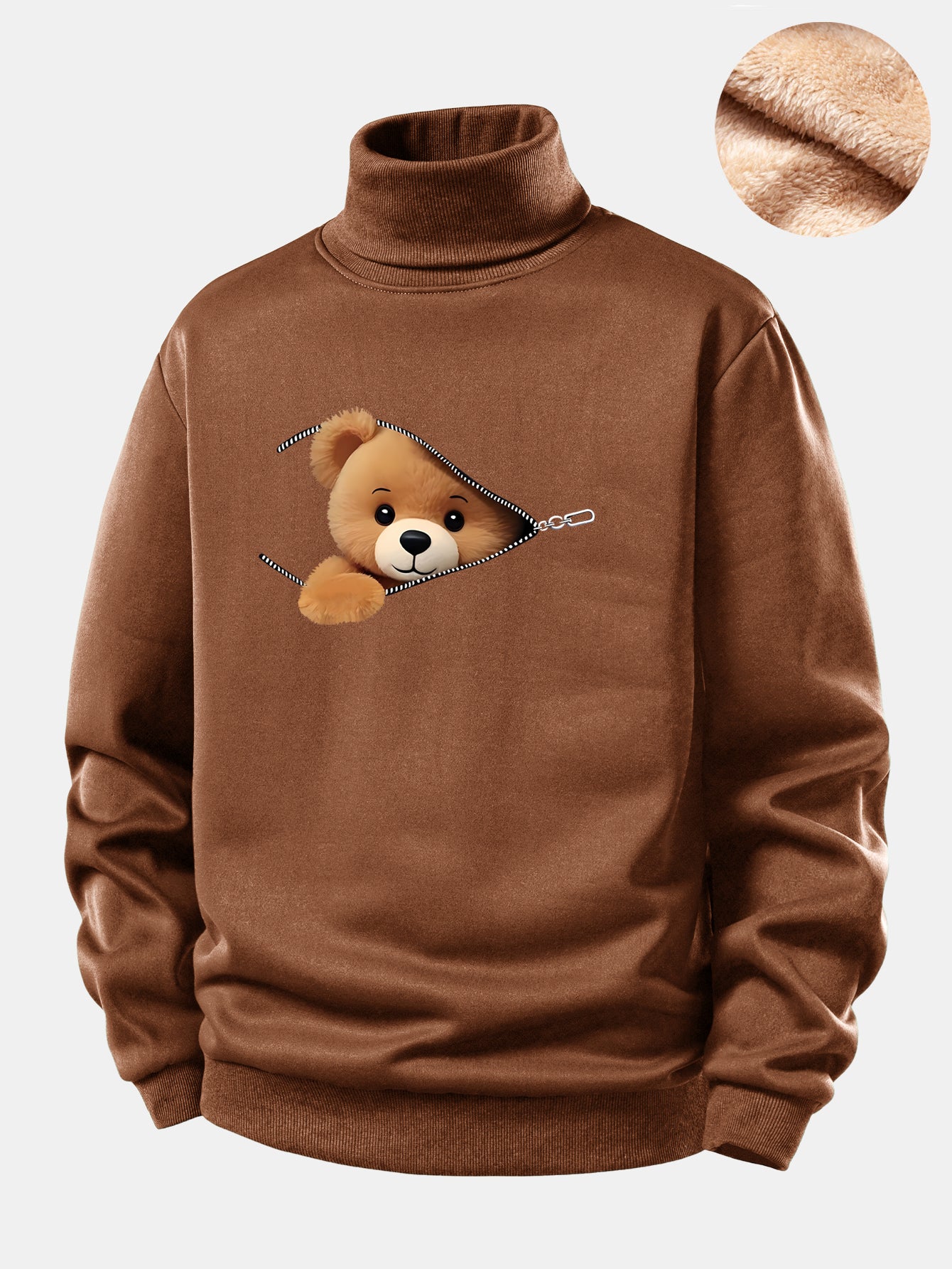 Zipper Bear Print Teddy Fleece Lined Turtle Neck Sweatshirt - Image 2