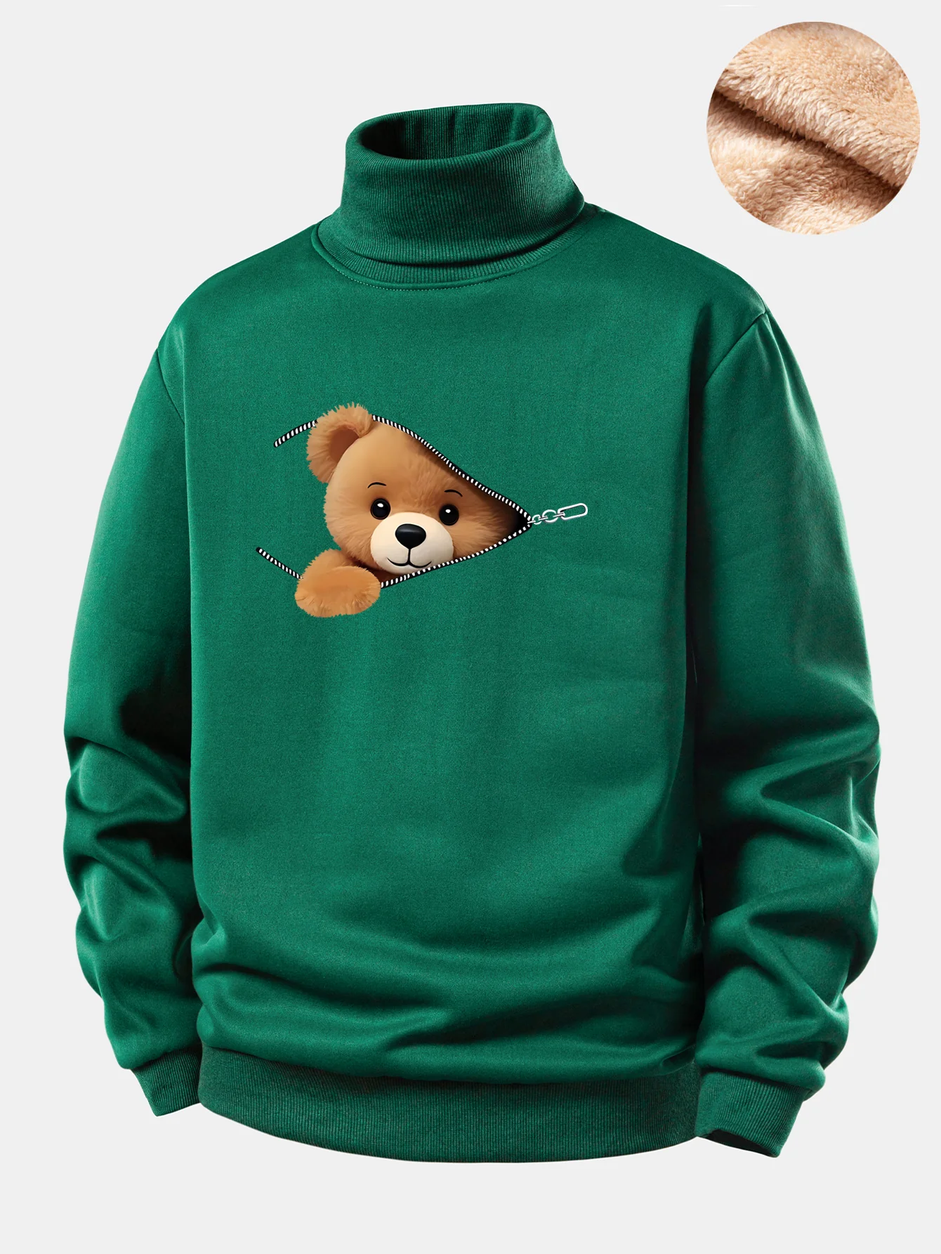 Zipper Bear Print Teddy Fleece Lined Turtle Neck Sweatshirt - Image 3