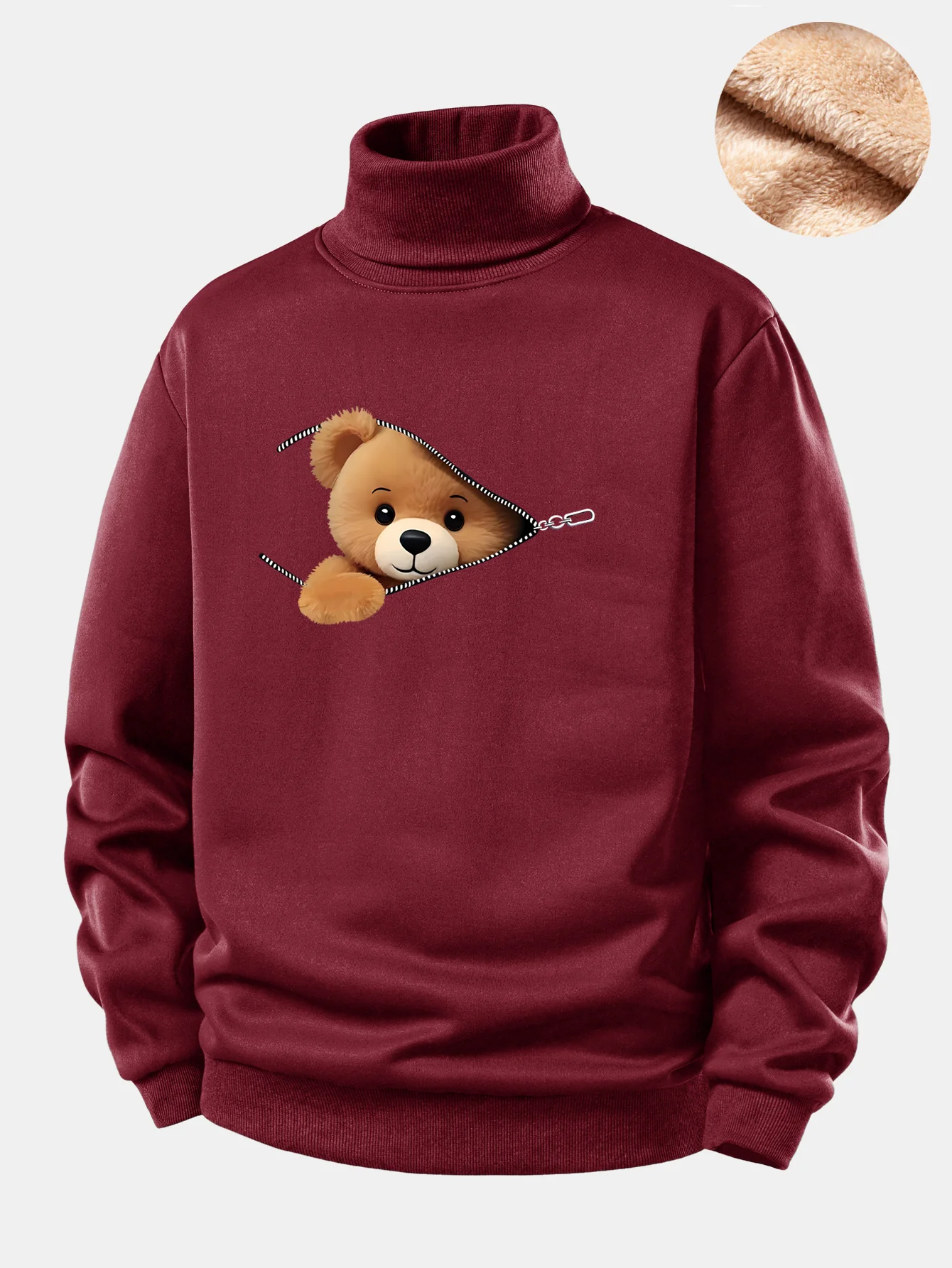 Zipper Bear Print Teddy Fleece Lined Turtle Neck Sweatshirt - Image 4