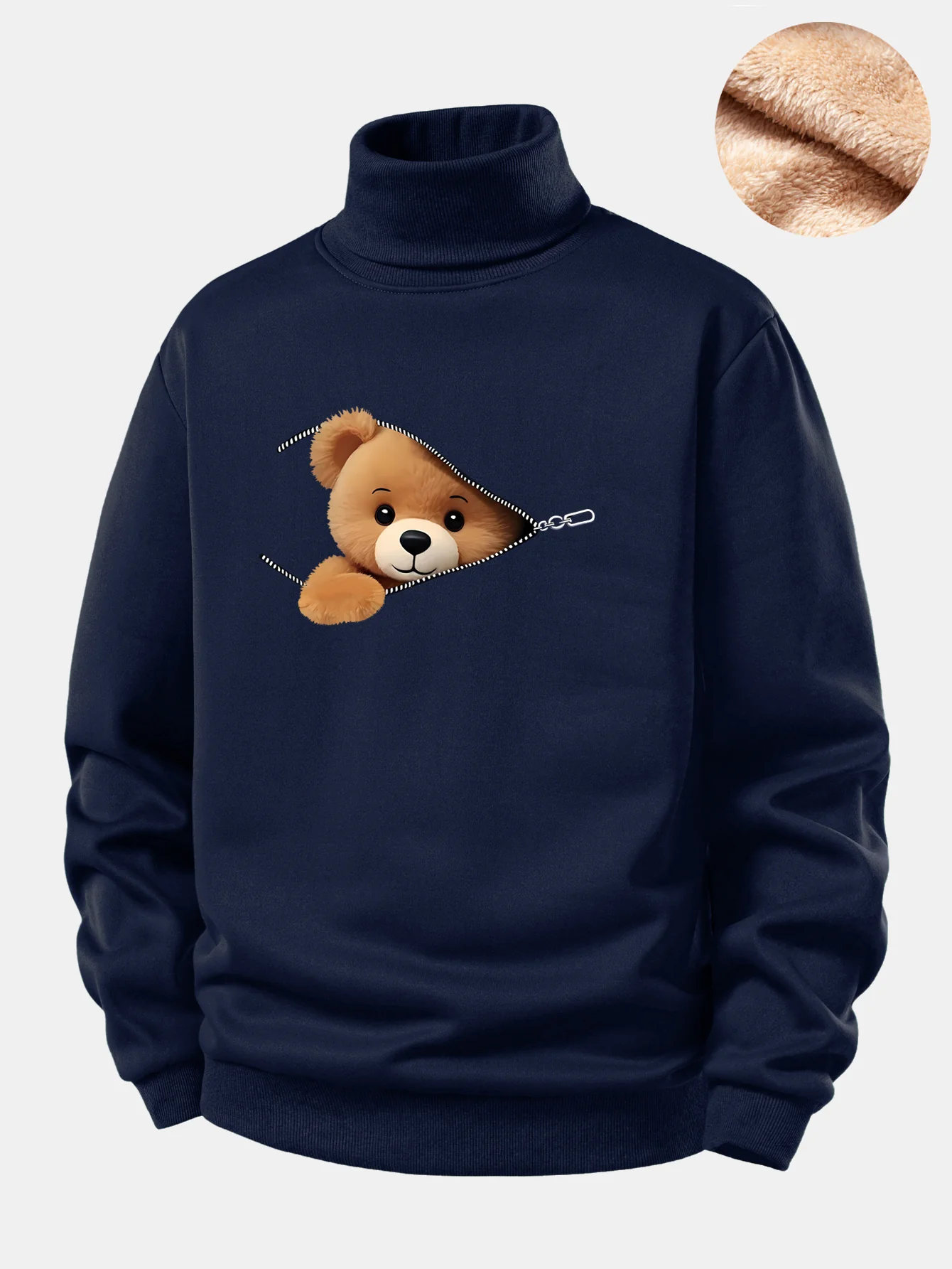 Zipper Bear Print Teddy Fleece Lined Turtle Neck Sweatshirt - Image 5