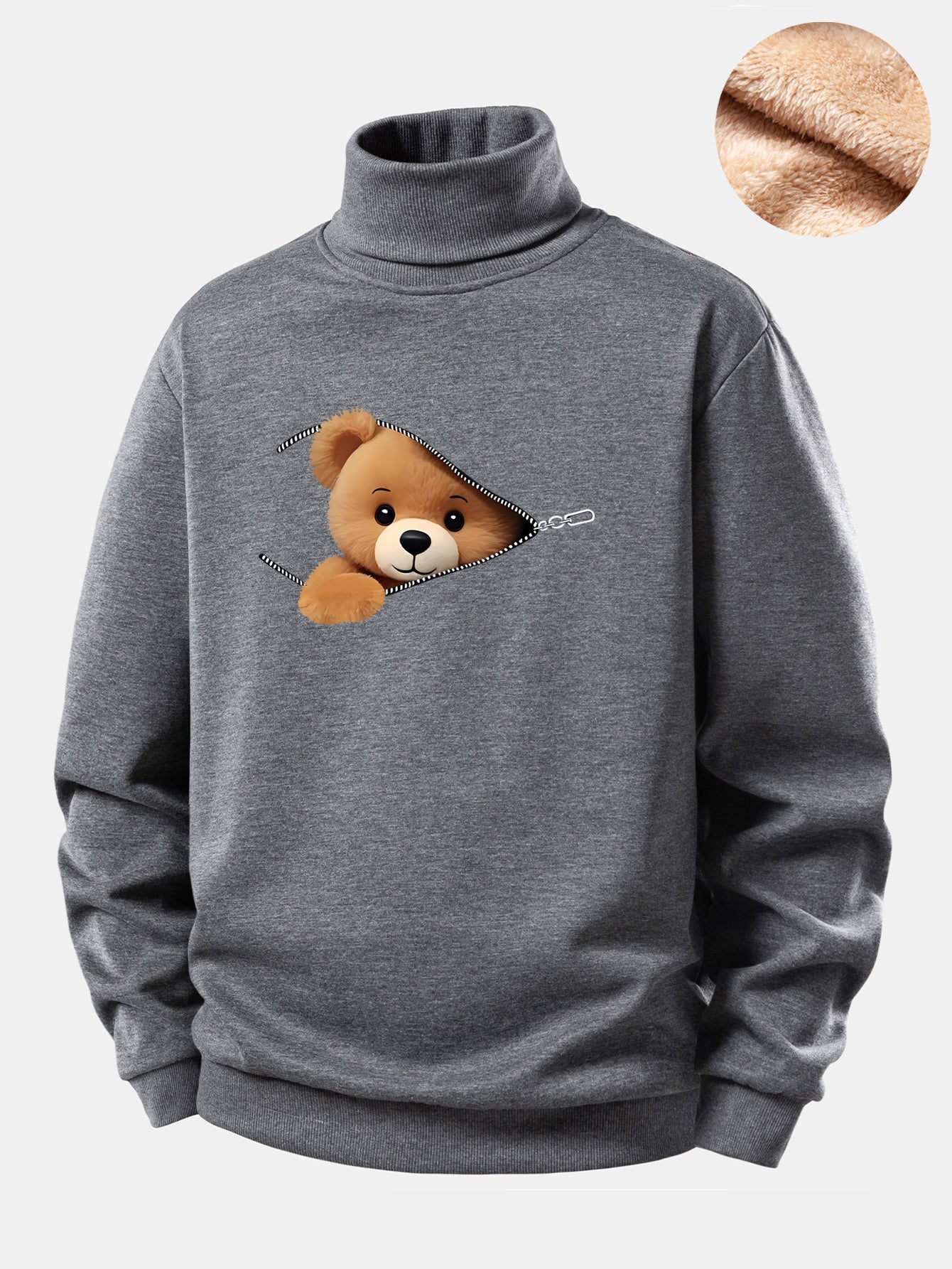 Zipper Bear Print Teddy Fleece Lined Turtle Neck Sweatshirt - Image 6