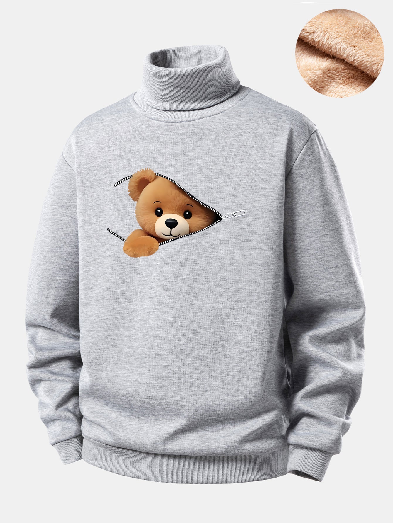 Zipper Bear Print Teddy Fleece Lined Turtle Neck Sweatshirt - Image 7