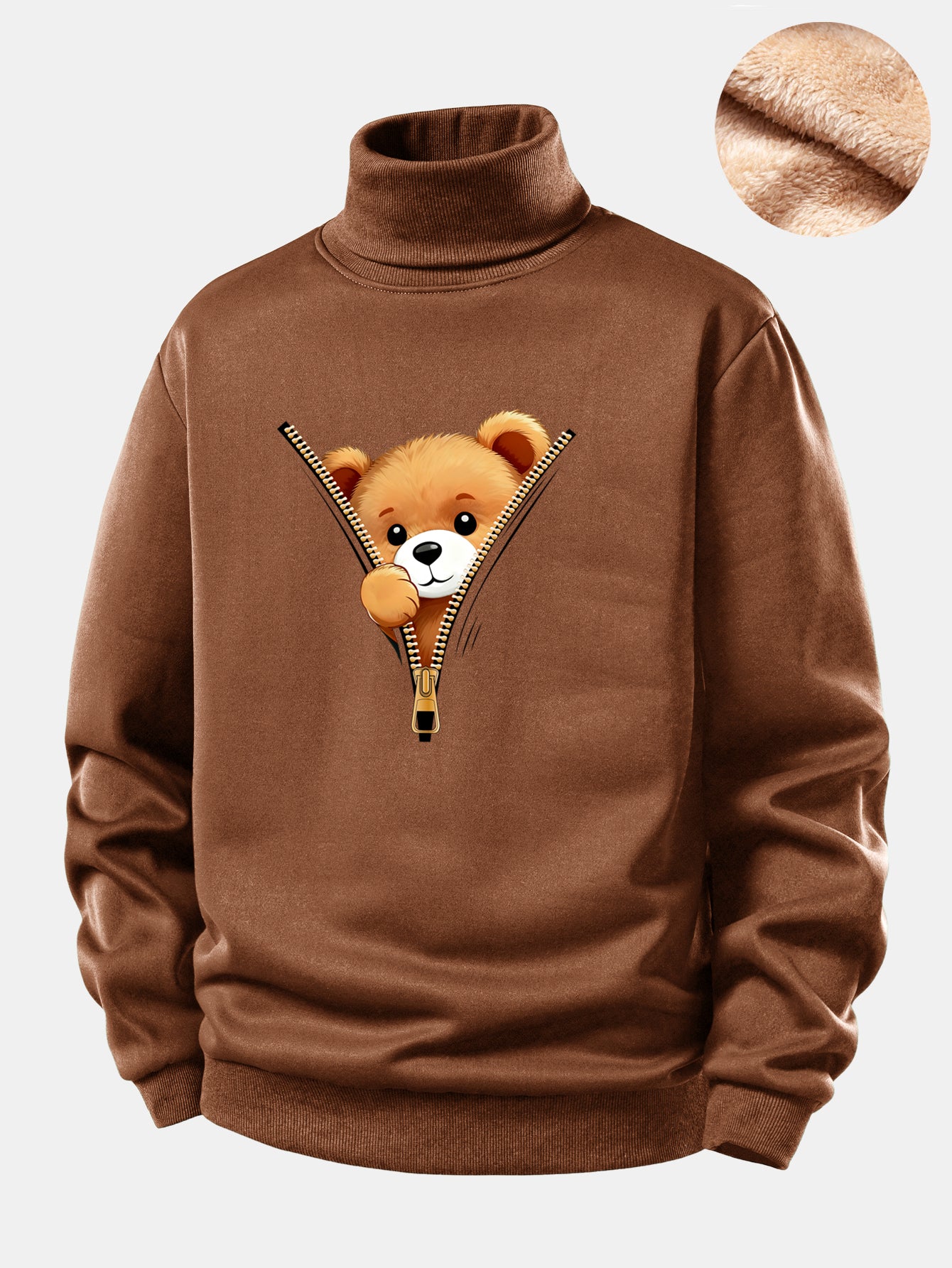 Zipper Bear Print Teddy Fleece Lined Turtle Neck Sweatshirt - Image 2