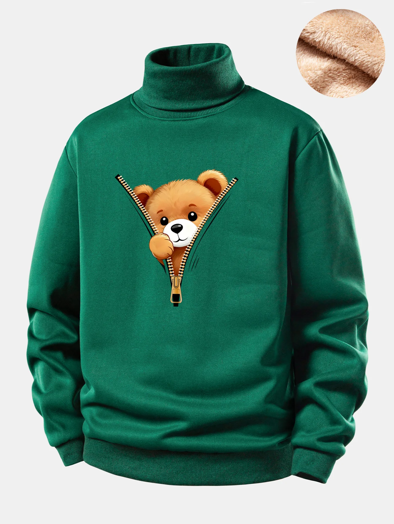 Zipper Bear Print Teddy Fleece Lined Turtle Neck Sweatshirt - Image 3