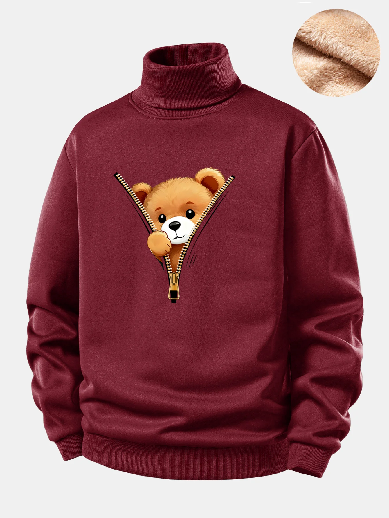 Zipper Bear Print Teddy Fleece Lined Turtle Neck Sweatshirt - Image 4