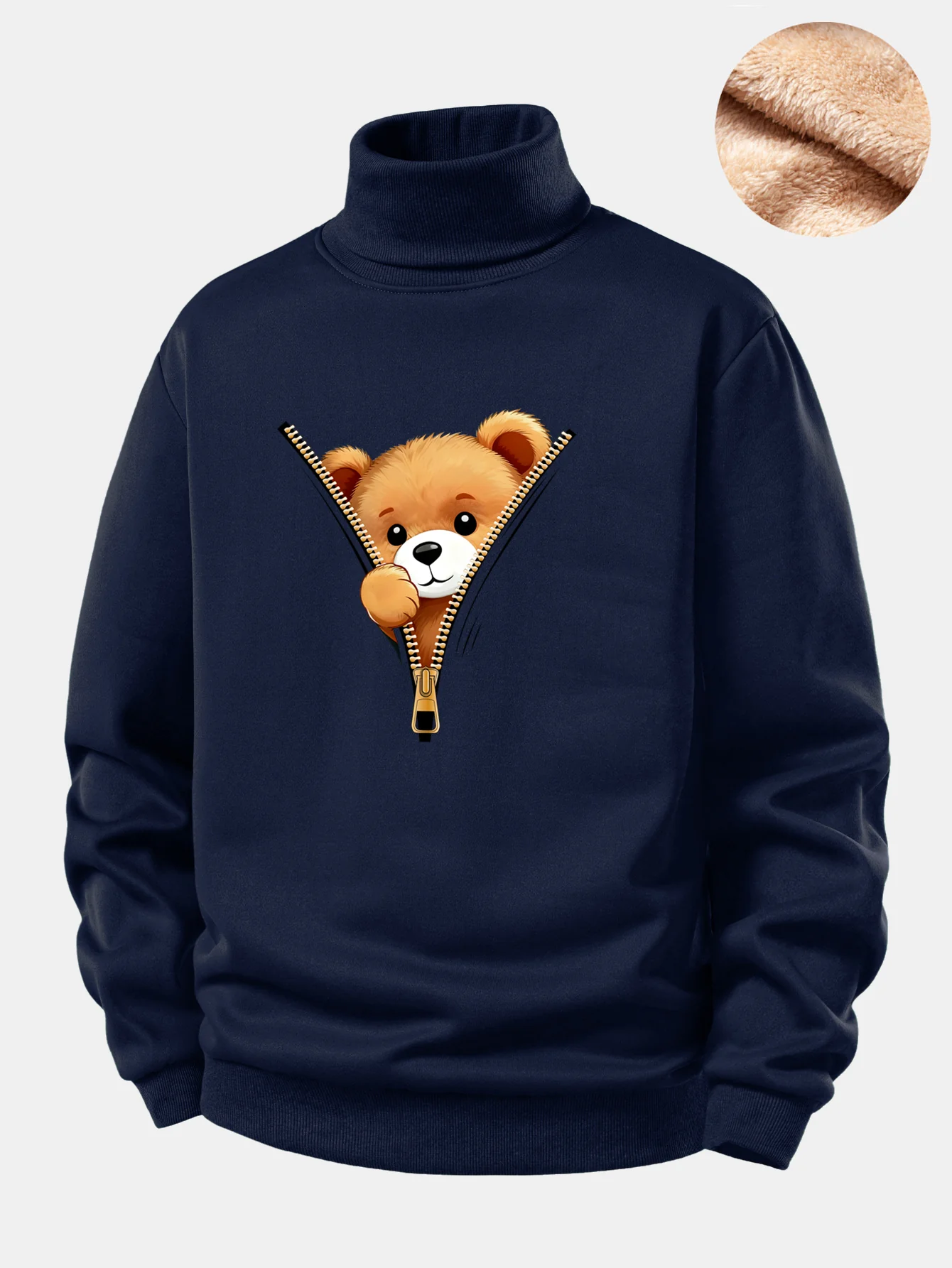 Zipper Bear Print Teddy Fleece Lined Turtle Neck Sweatshirt - Image 5