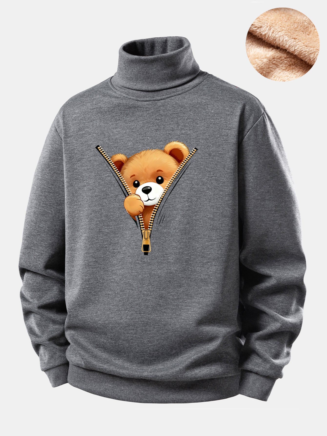 Zipper Bear Print Teddy Fleece Lined Turtle Neck Sweatshirt - Image 6
