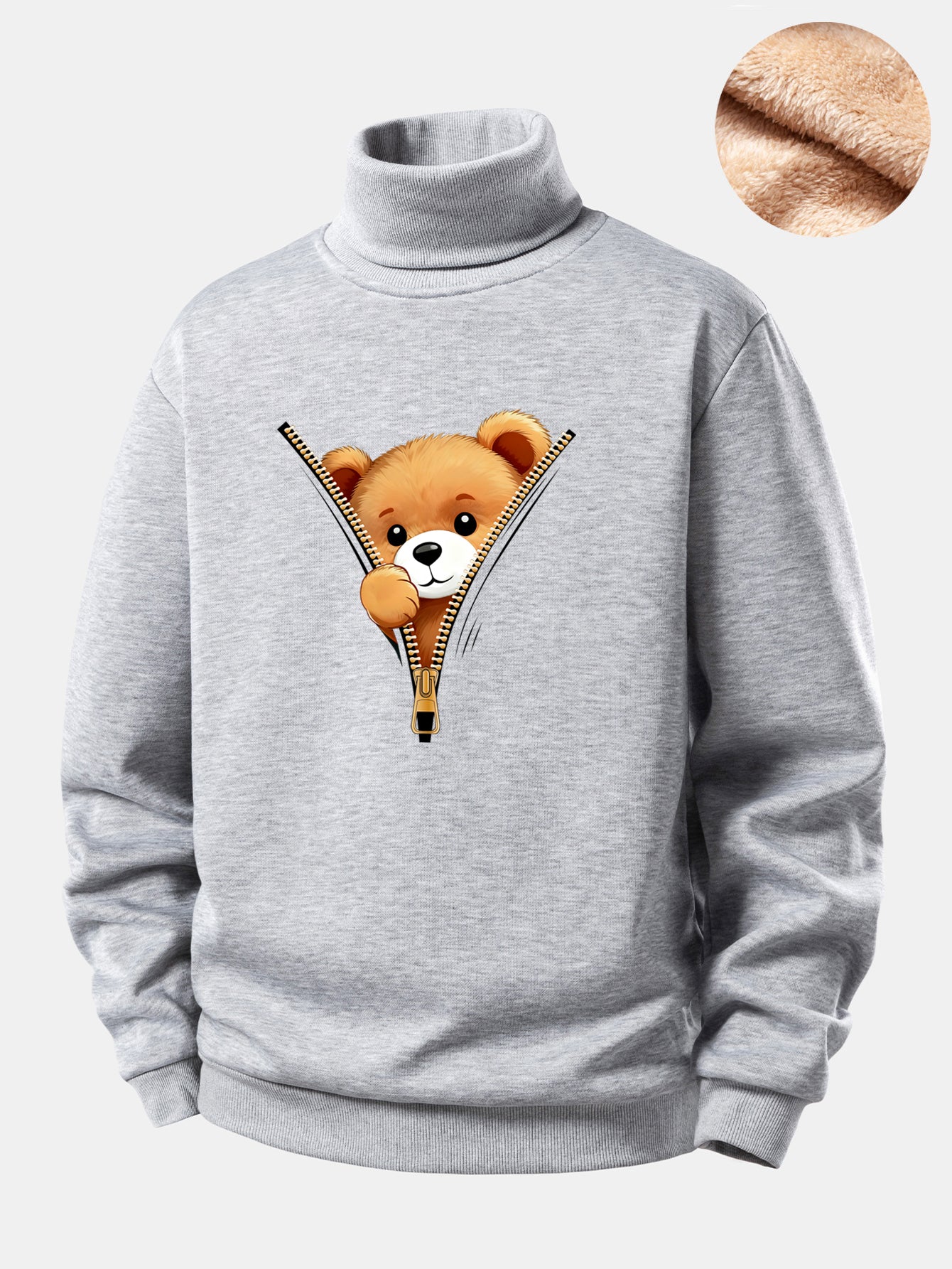 Zipper Bear Print Teddy Fleece Lined Turtle Neck Sweatshirt - Image 7