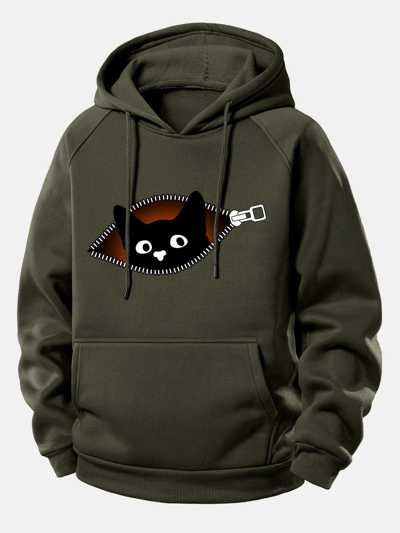 Zipper Black Cat Print Drawstring Hoodie - Image 10