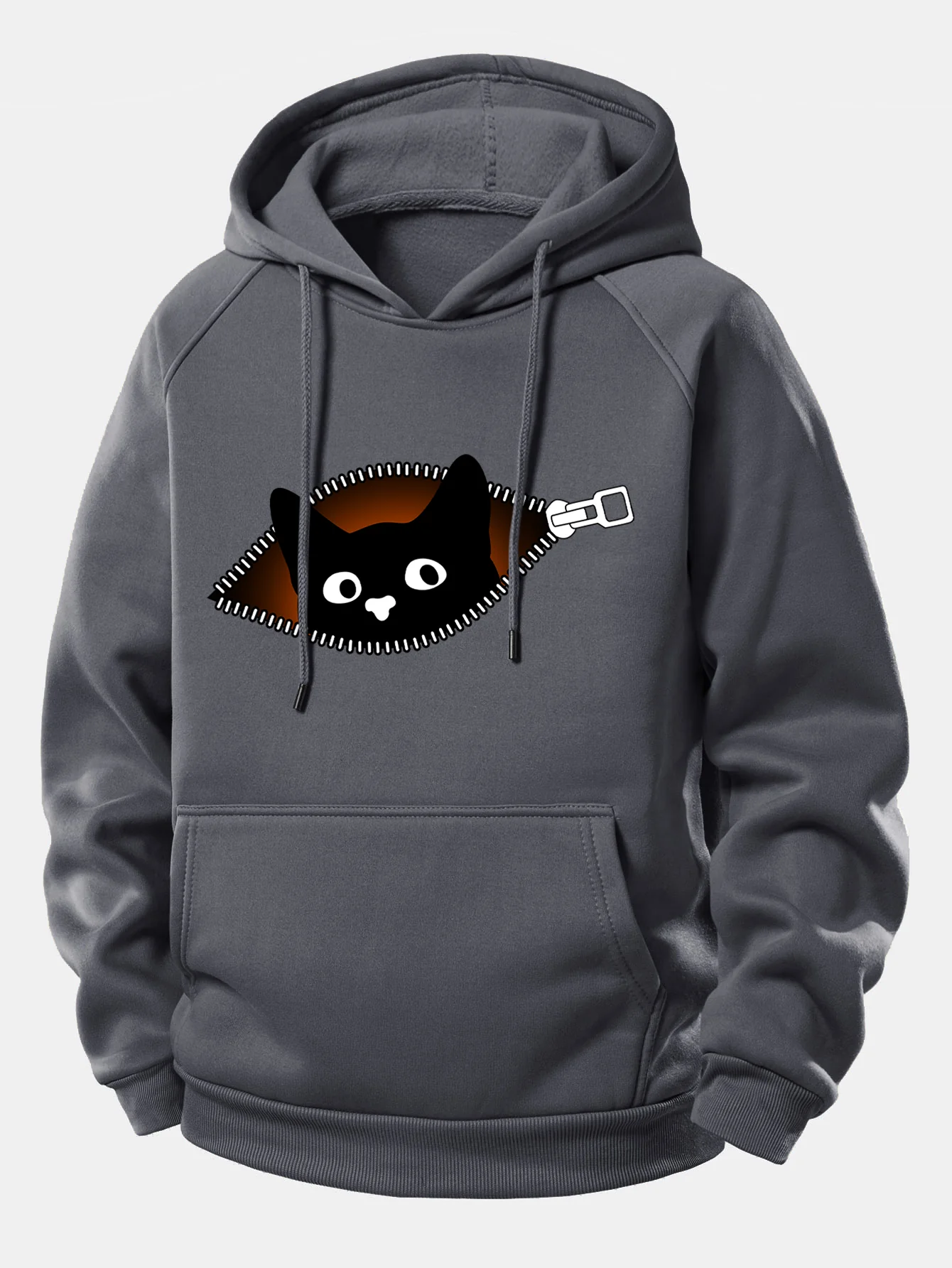 Zipper Black Cat Print Drawstring Hoodie - Image 11
