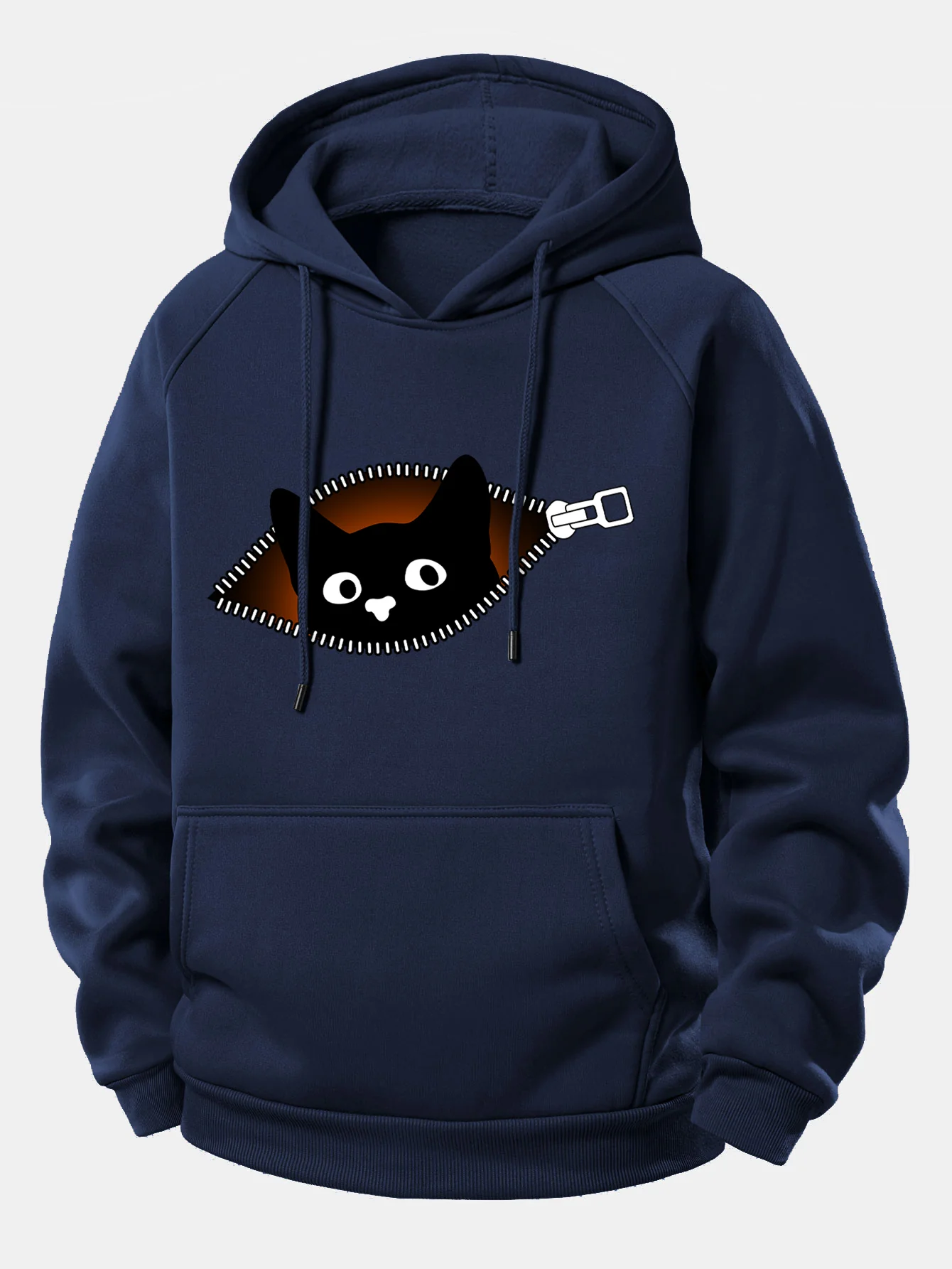 Zipper Black Cat Print Drawstring Hoodie - Image 12