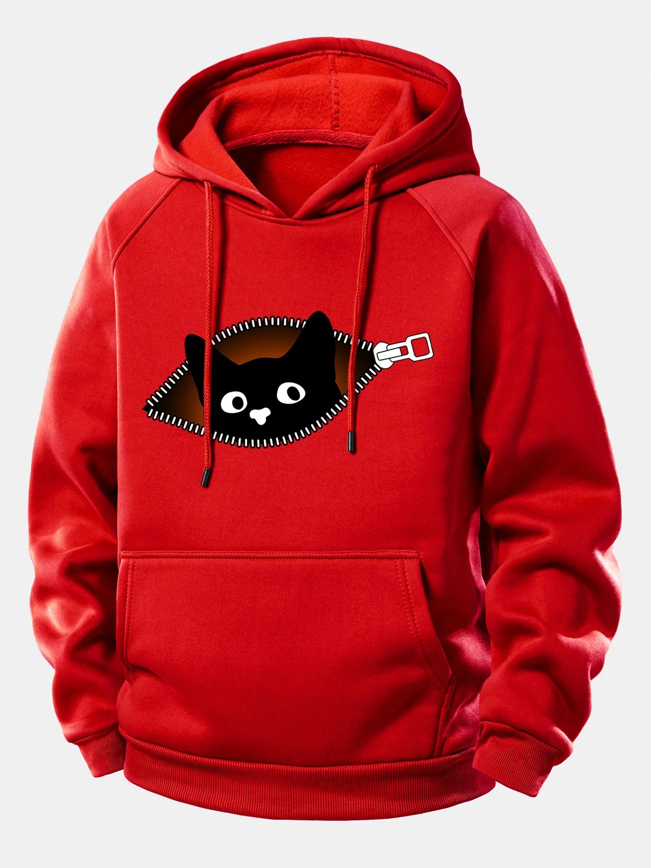 Zipper Black Cat Print Drawstring Hoodie - Image 13
