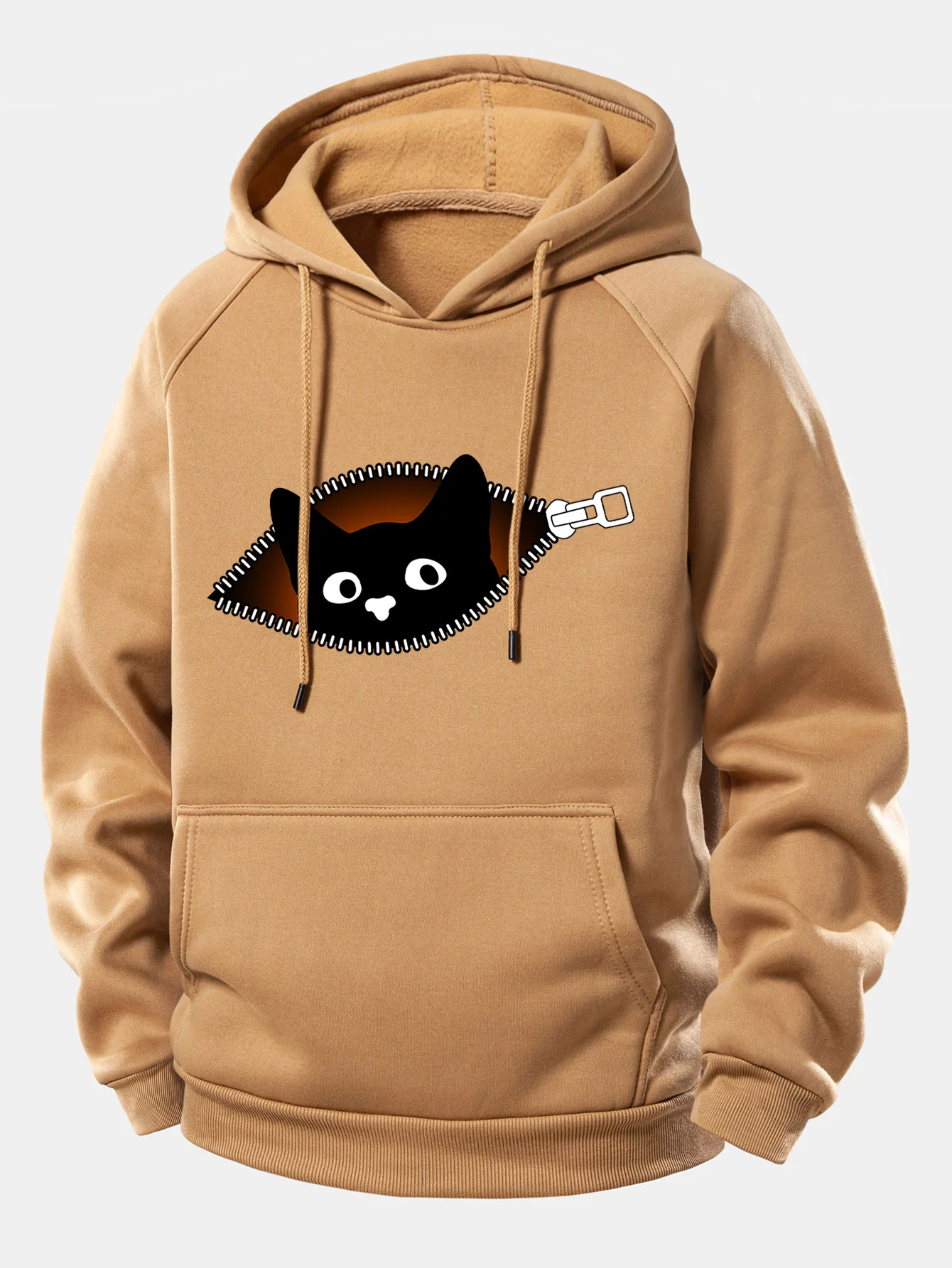 Zipper Black Cat Print Drawstring Hoodie - Image 2