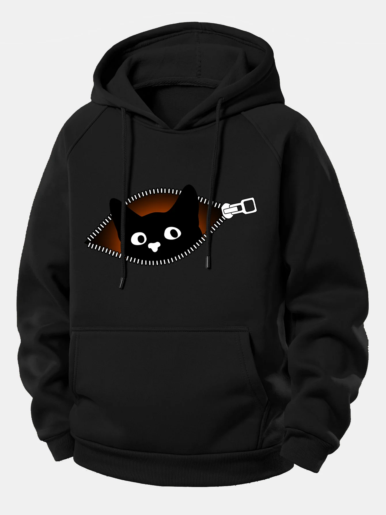Zipper Black Cat Print Drawstring Hoodie - Image 3
