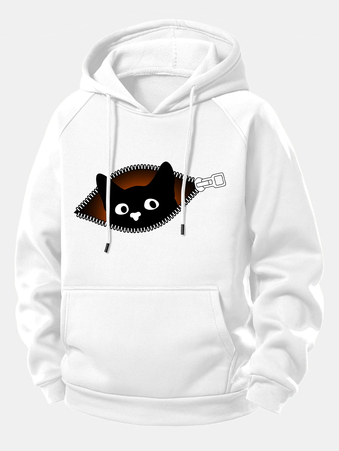 Zipper Black Cat Print Drawstring Hoodie - Image 4
