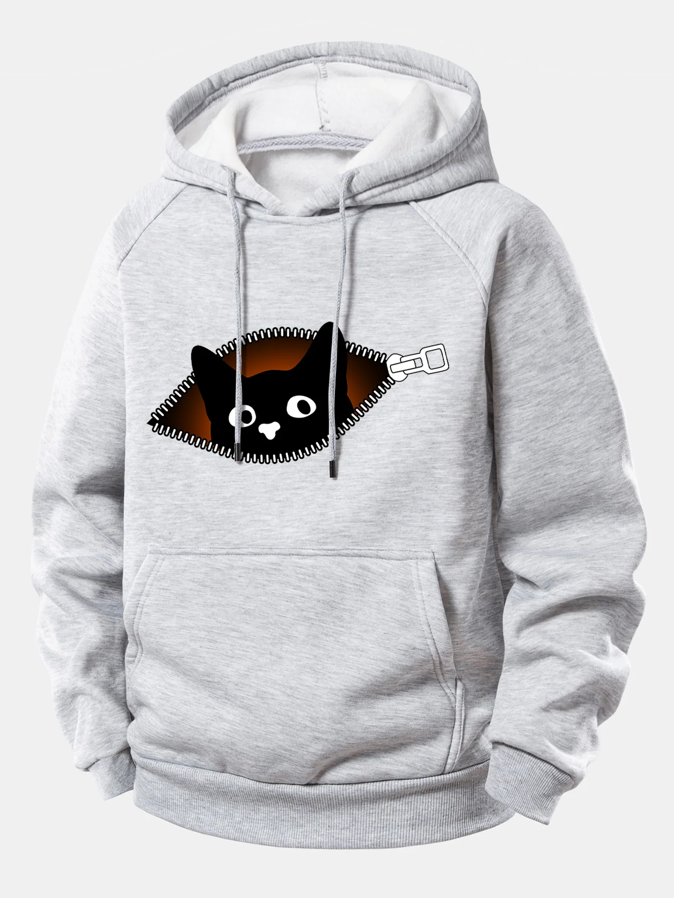 Zipper Black Cat Print Drawstring Hoodie - Image 5