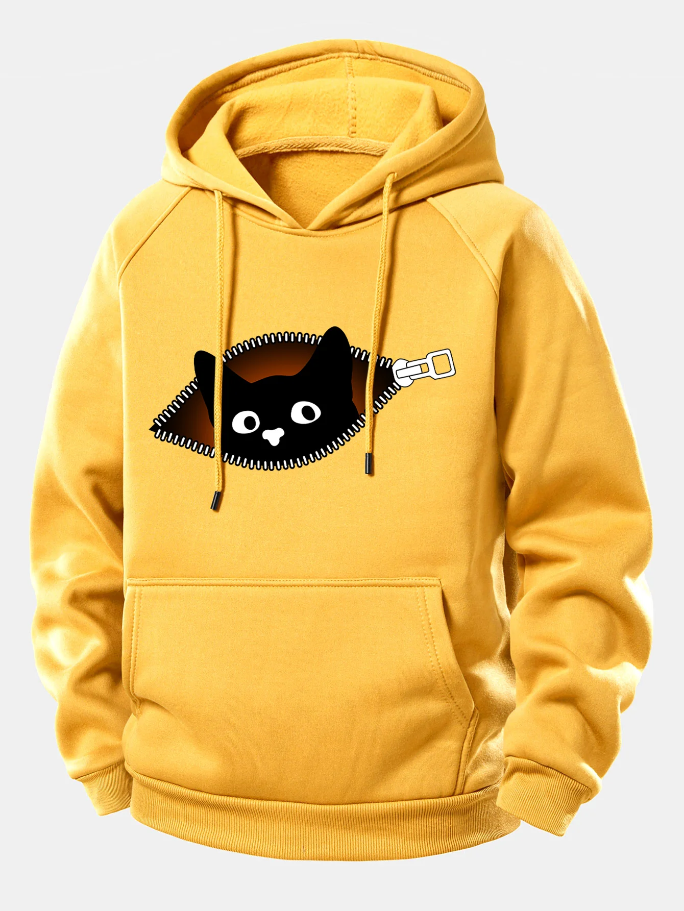 Zipper Black Cat Print Drawstring Hoodie - Image 6