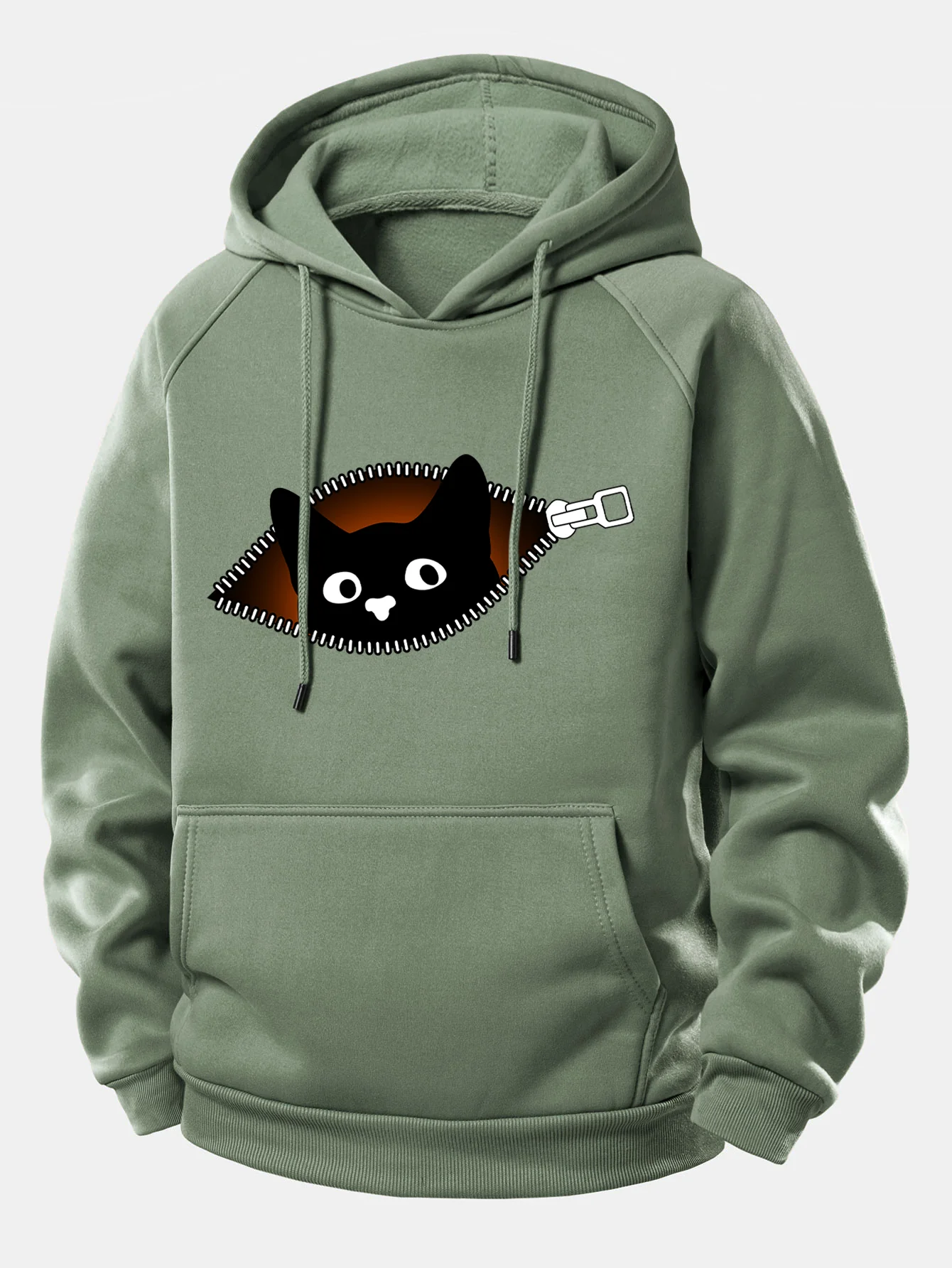 Zipper Black Cat Print Drawstring Hoodie - Image 7