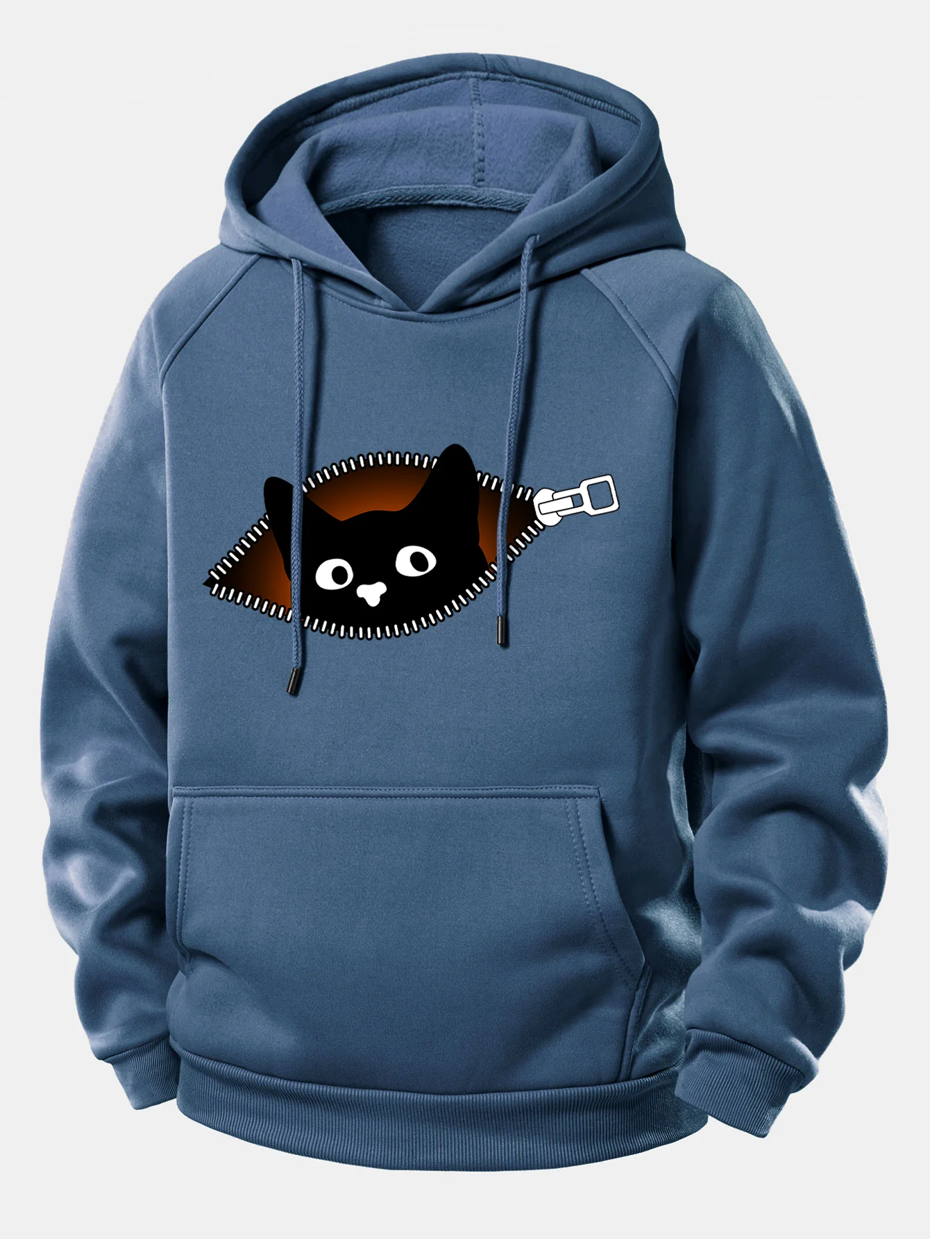 Zipper Black Cat Print Drawstring Hoodie - Image 9