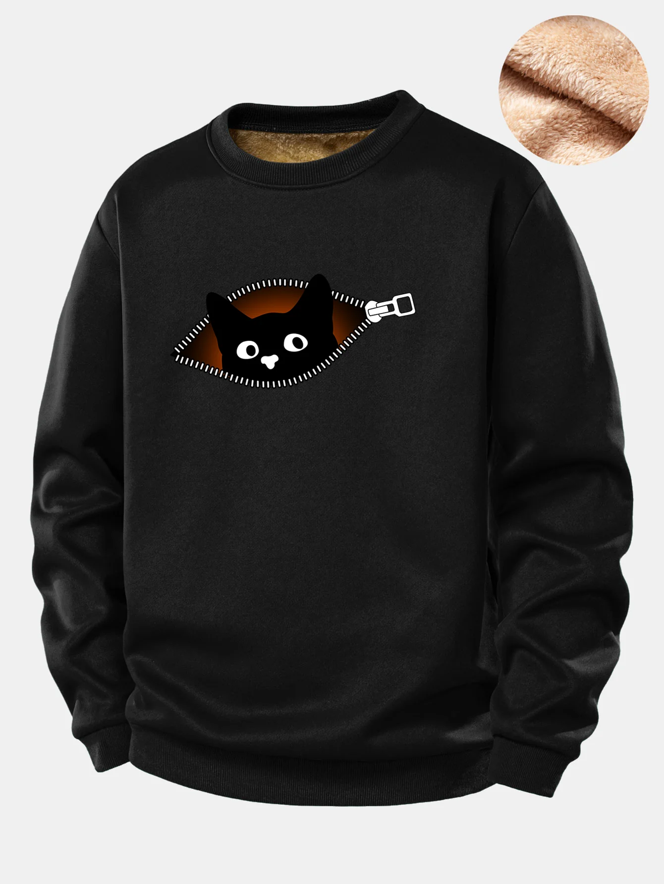 Zipper Black Cat Print Teddy Fleece Lined Sweatshirt - Image 2