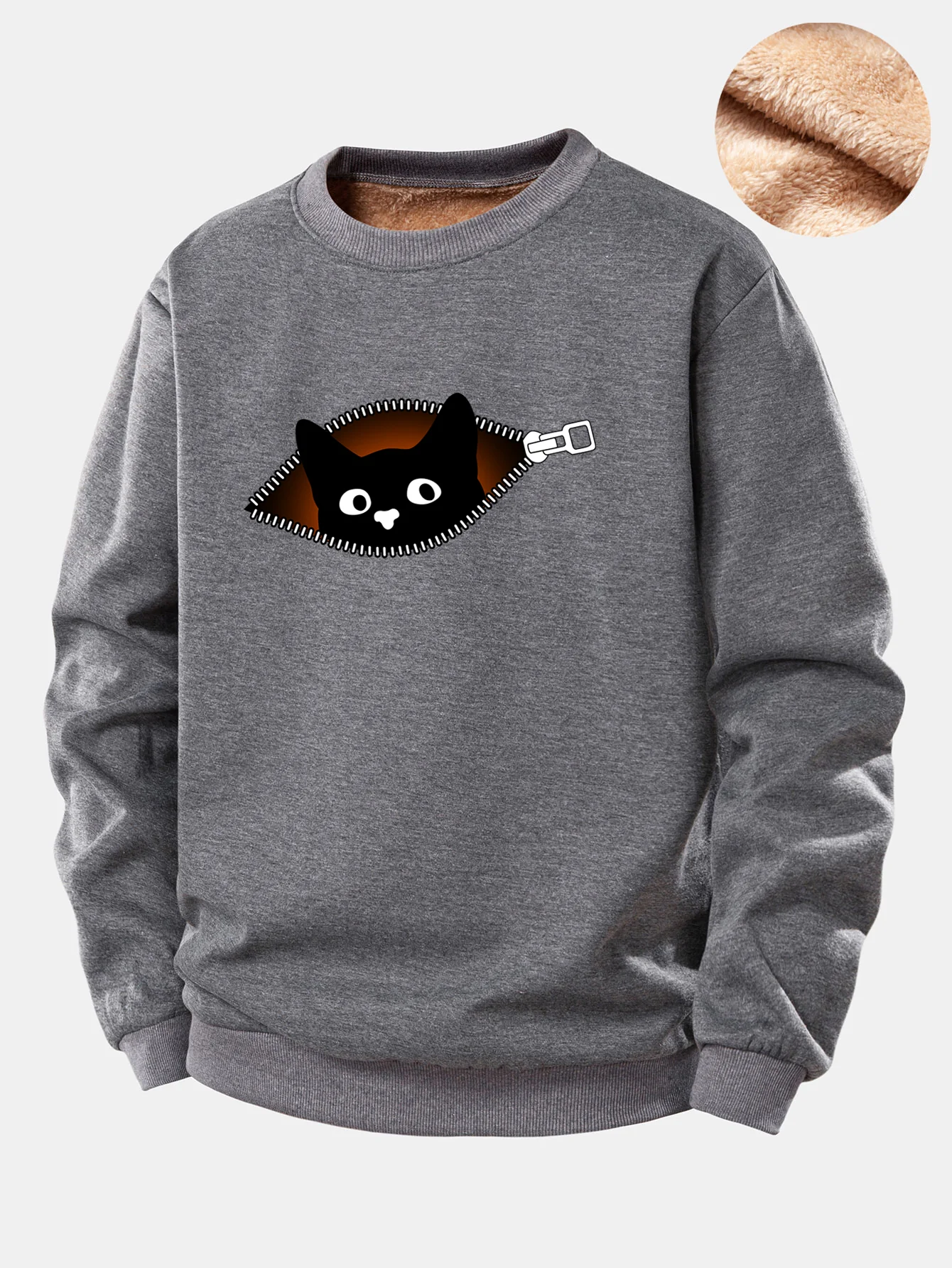 Zipper Black Cat Print Teddy Fleece Lined Sweatshirt - Image 3