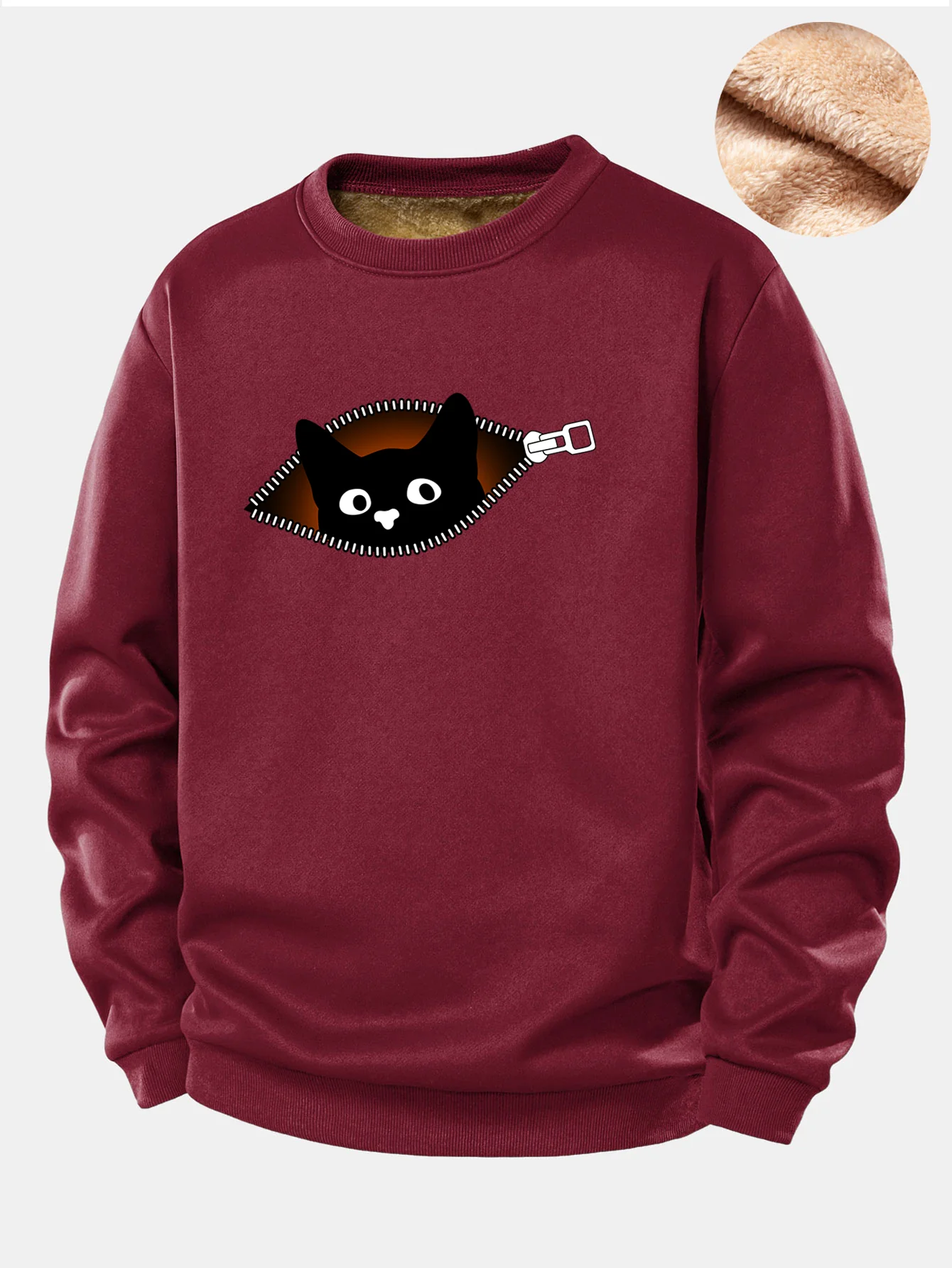 Zipper Black Cat Print Teddy Fleece Lined Sweatshirt - Image 5