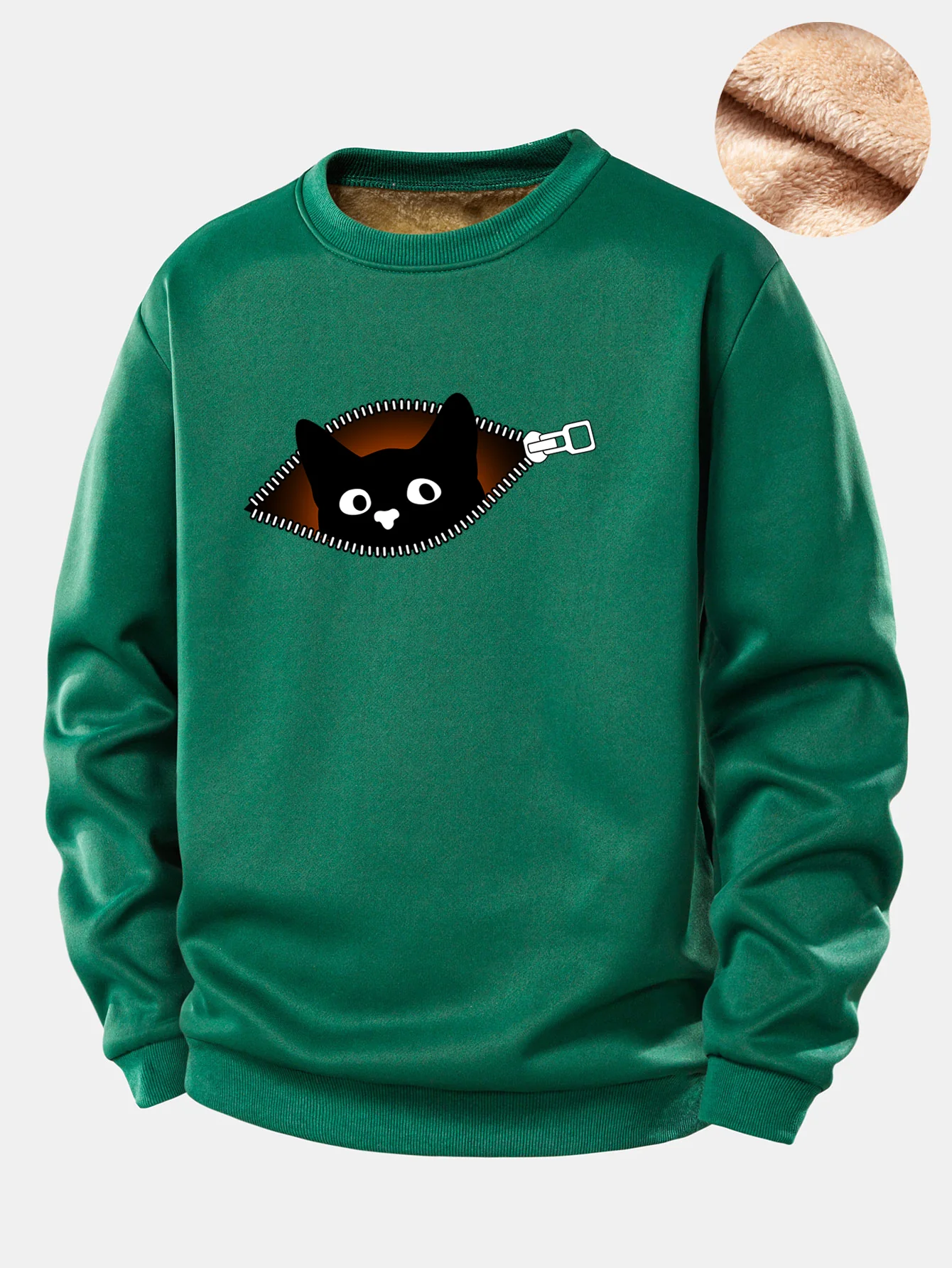 Zipper Black Cat Print Teddy Fleece Lined Sweatshirt - Image 6