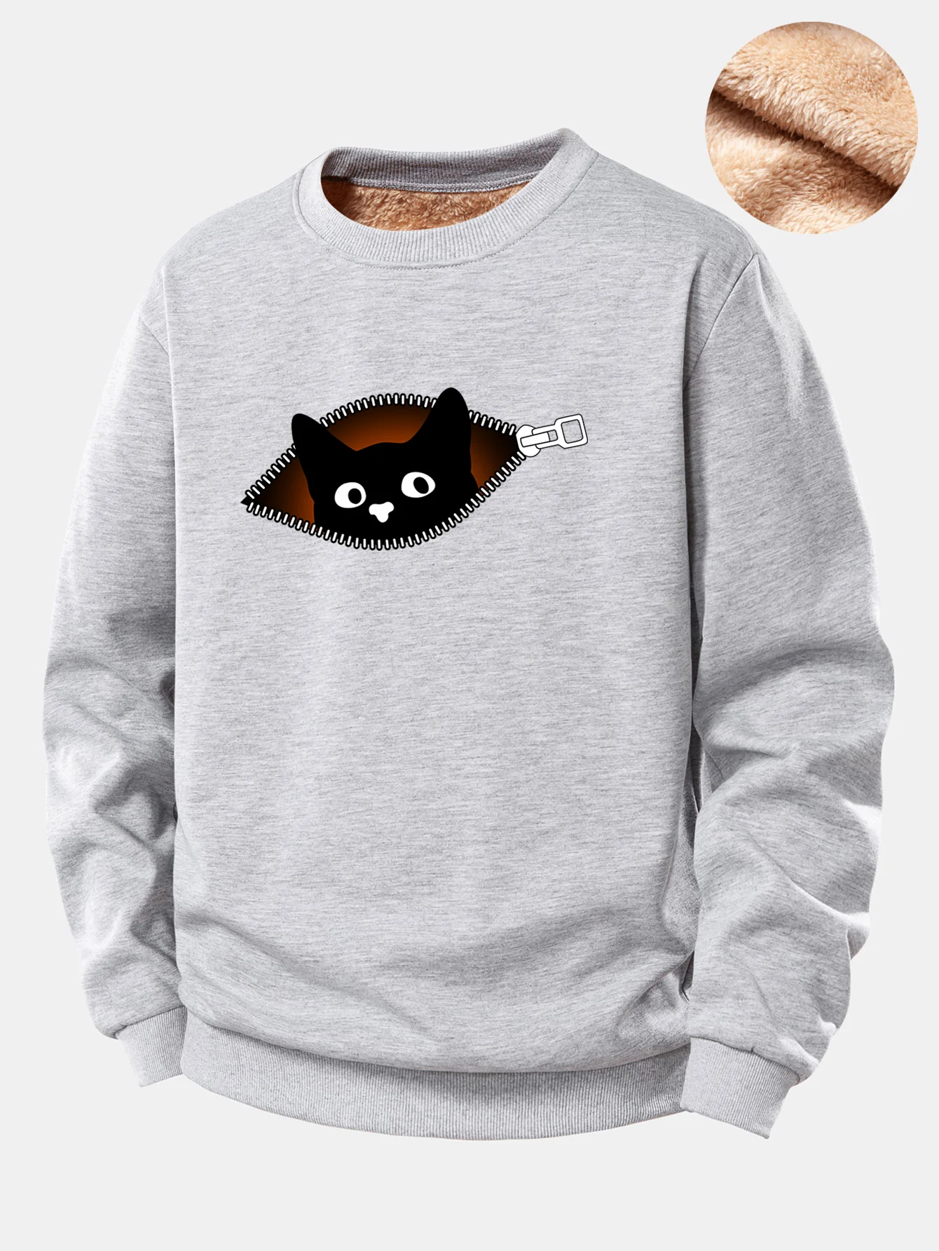 Zipper Black Cat Print Teddy Fleece Lined Sweatshirt - Image 7