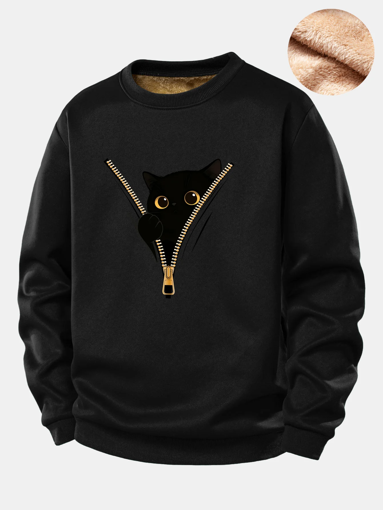 Zipper Black Cat Print Teddy Fleece Lined Sweatshirt - Image 2