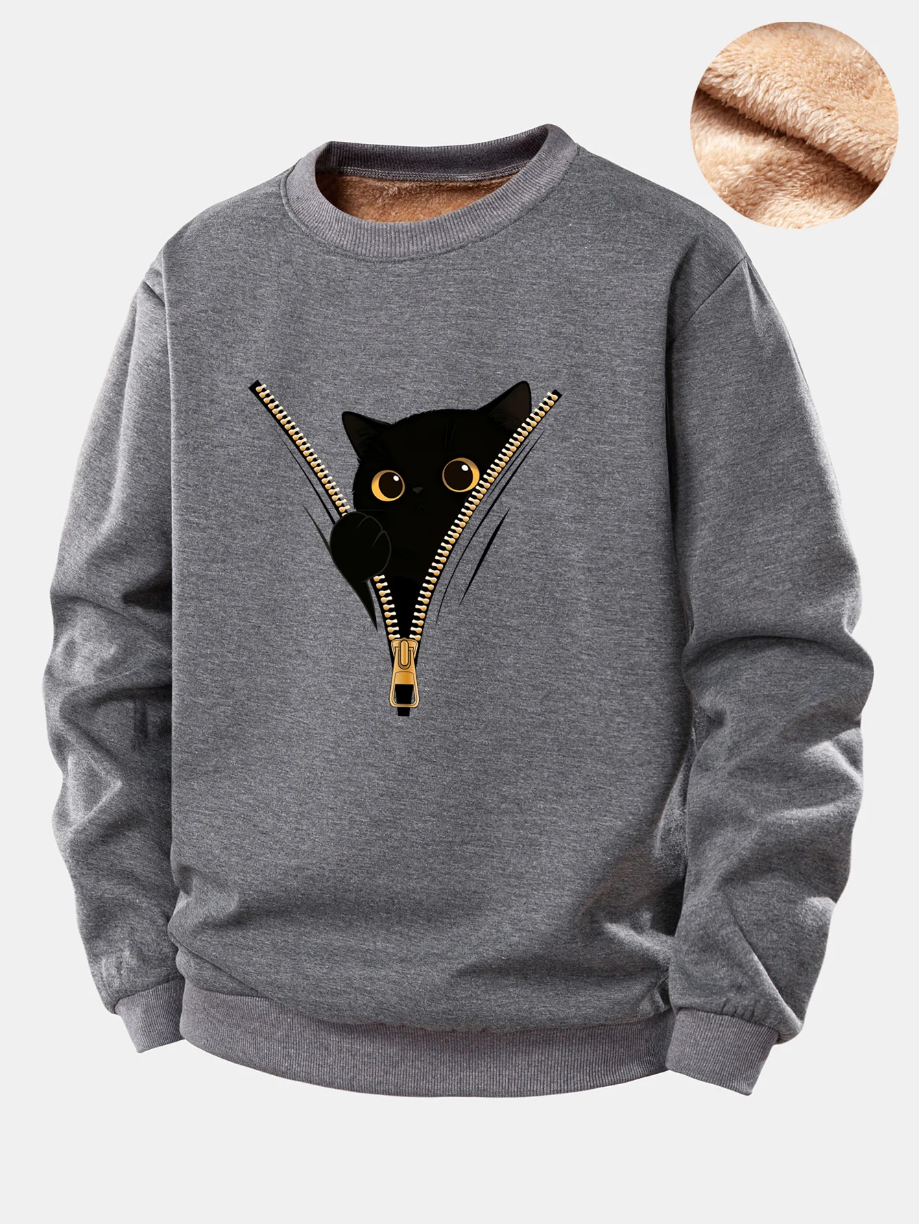 Zipper Black Cat Print Teddy Fleece Lined Sweatshirt - Image 3