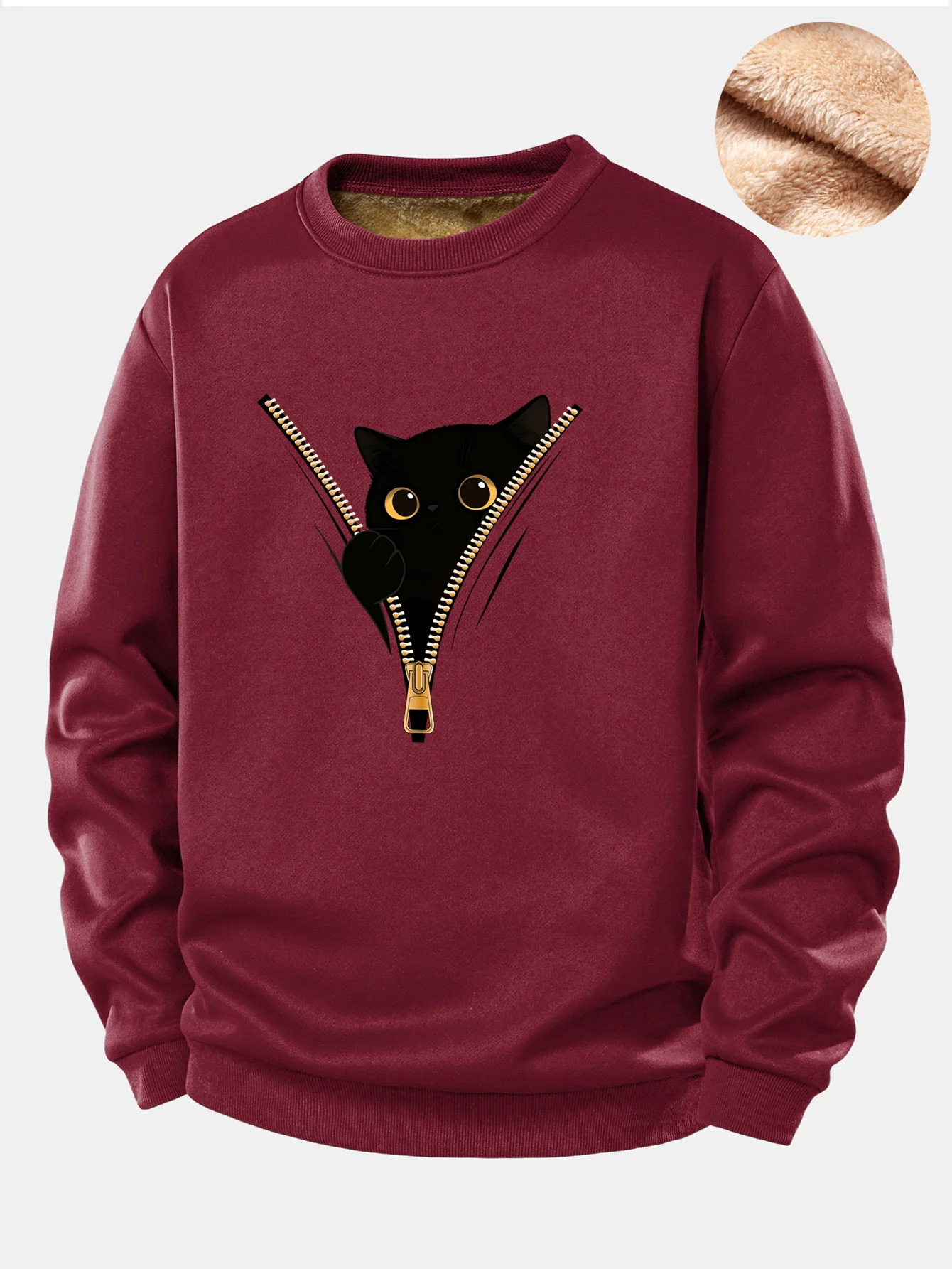 Zipper Black Cat Print Teddy Fleece Lined Sweatshirt - Image 5