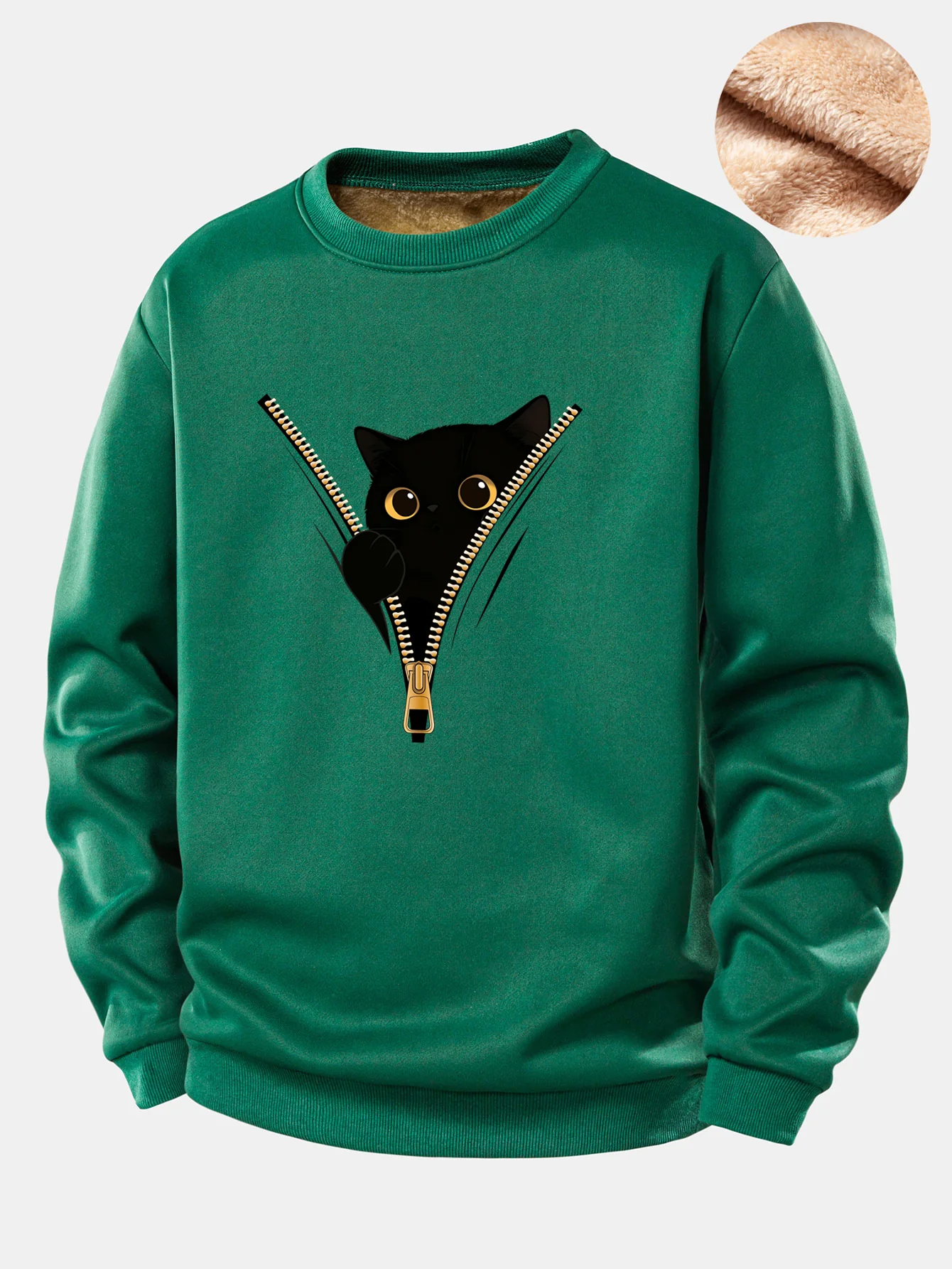 Zipper Black Cat Print Teddy Fleece Lined Sweatshirt - Image 6