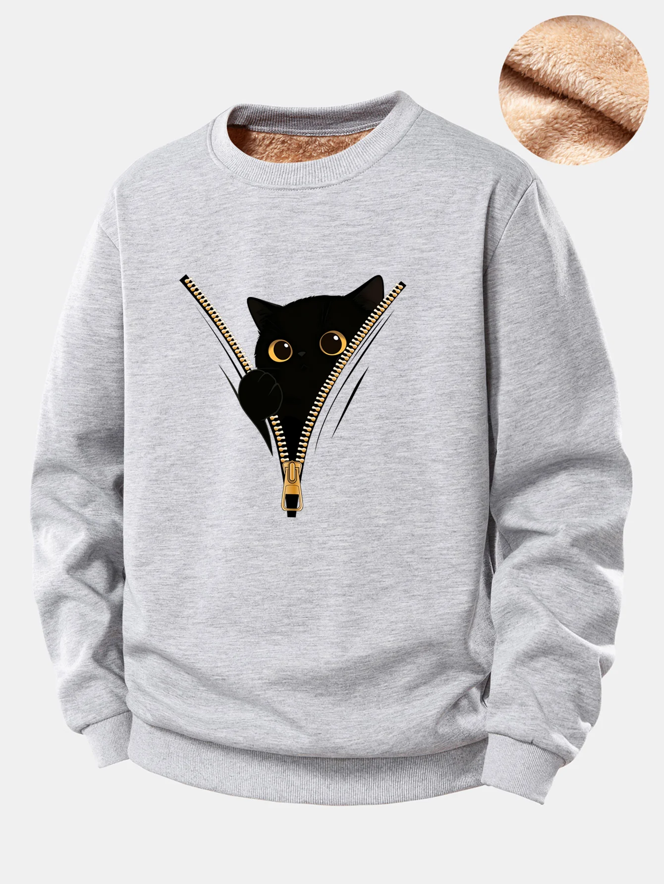 Zipper Black Cat Print Teddy Fleece Lined Sweatshirt - Image 7